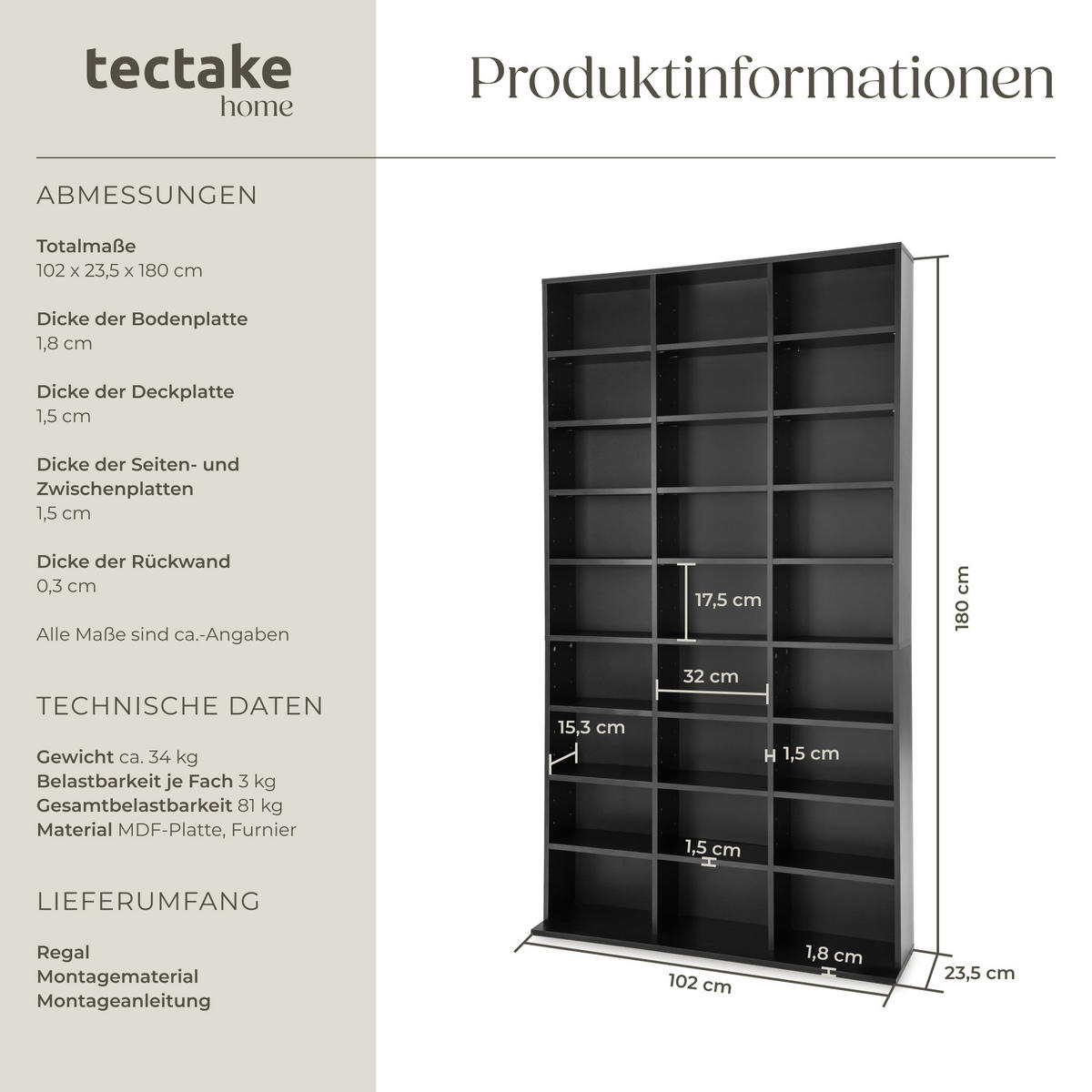 CD/DVD Regal Christel,180 x 102 x 23,5 cm,schwarz - Schwarz, Holz (23.5/180/102cm) - tectake
