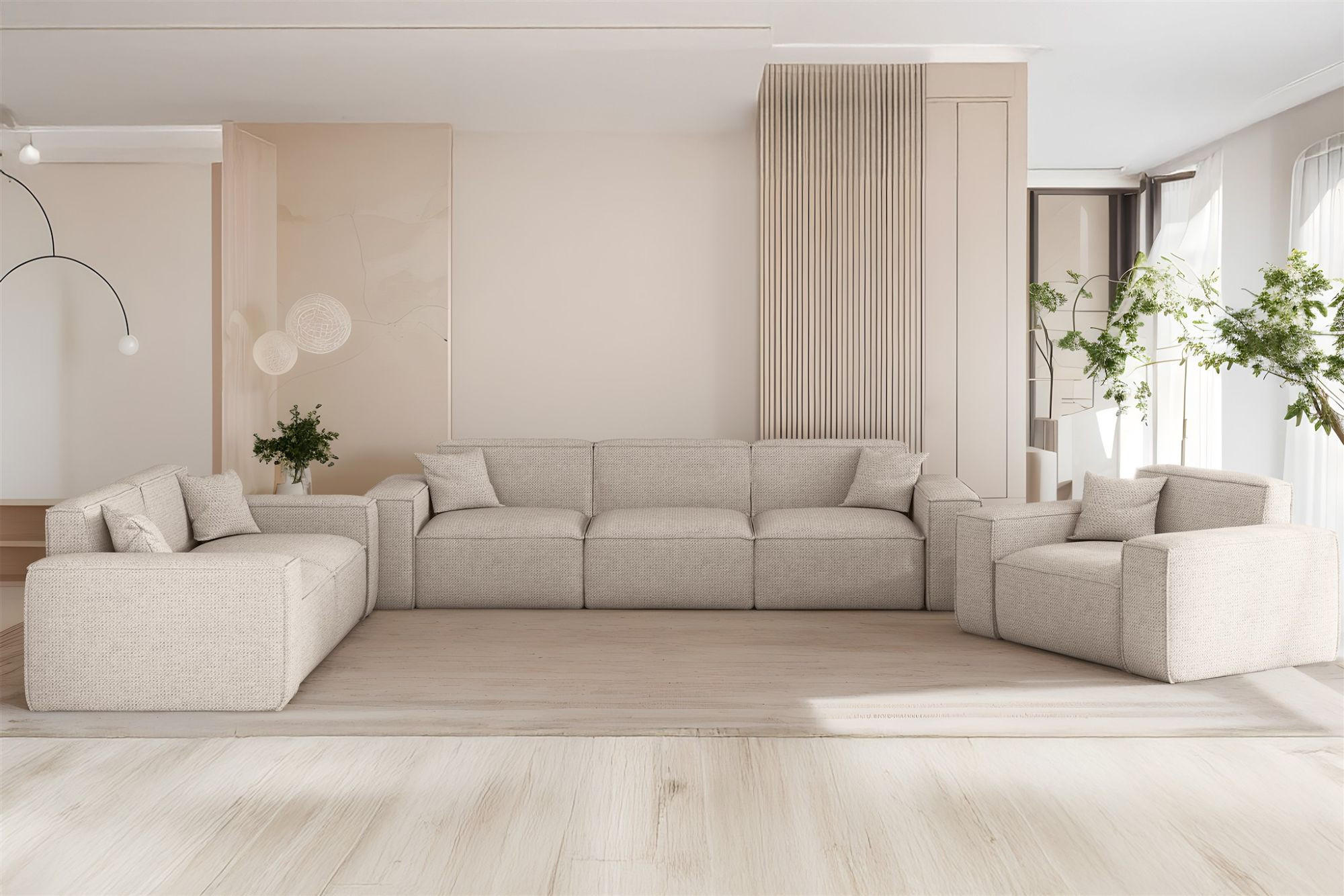 SOFASET Celes Premium 3-2-1 In Artico - Creme, Holzwerkstoff/Textil (218/73/90cm) - Fun Möbel