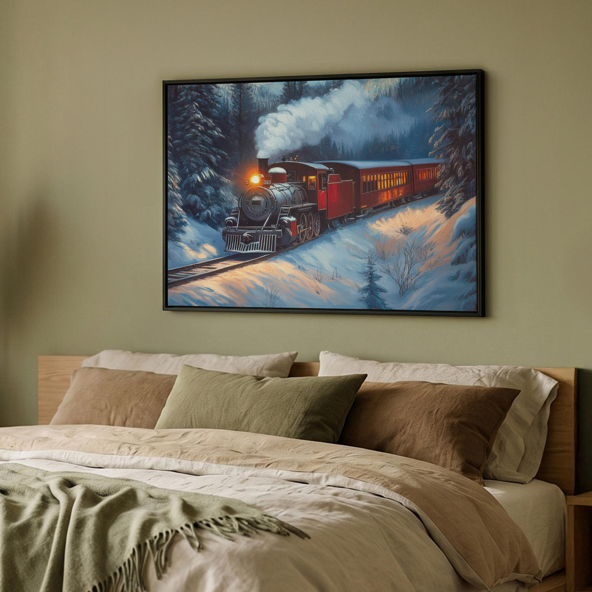 LEINWAND Bilder mit Rahmen - Zug - Weihnachten - Schnee - Weihnachtszug - 100x70 - Anthrazit, Textil (100/70cm) - MuchoWow