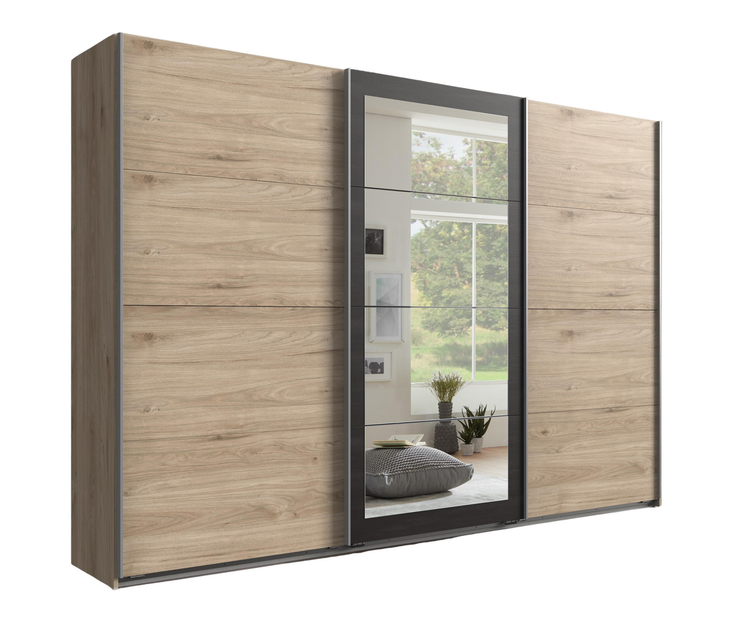 SCHWEBETÜRENSCHRANK 3-türig B270/H208/T65 cm in Eichen-Dekor mit Absetzungen in grauer Stahl-Optik / 22002 - Eichefarben/Alufarben, Holzwerkstoff/Metall (270/208/65cm) - luma-home