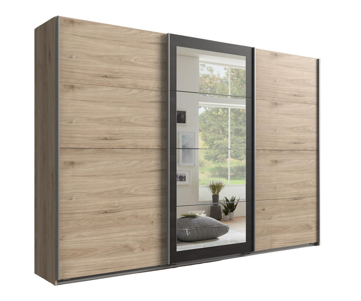 SCHWEBETÜRENSCHRANK 3-türig B270/H208/T65 cm in Eichen-Dekor mit Absetzungen in grauer Stahl-Optik / 22002 - Eichefarben/Alufarben, Holzwerkstoff/Metall (270/208/65cm) - luma-home