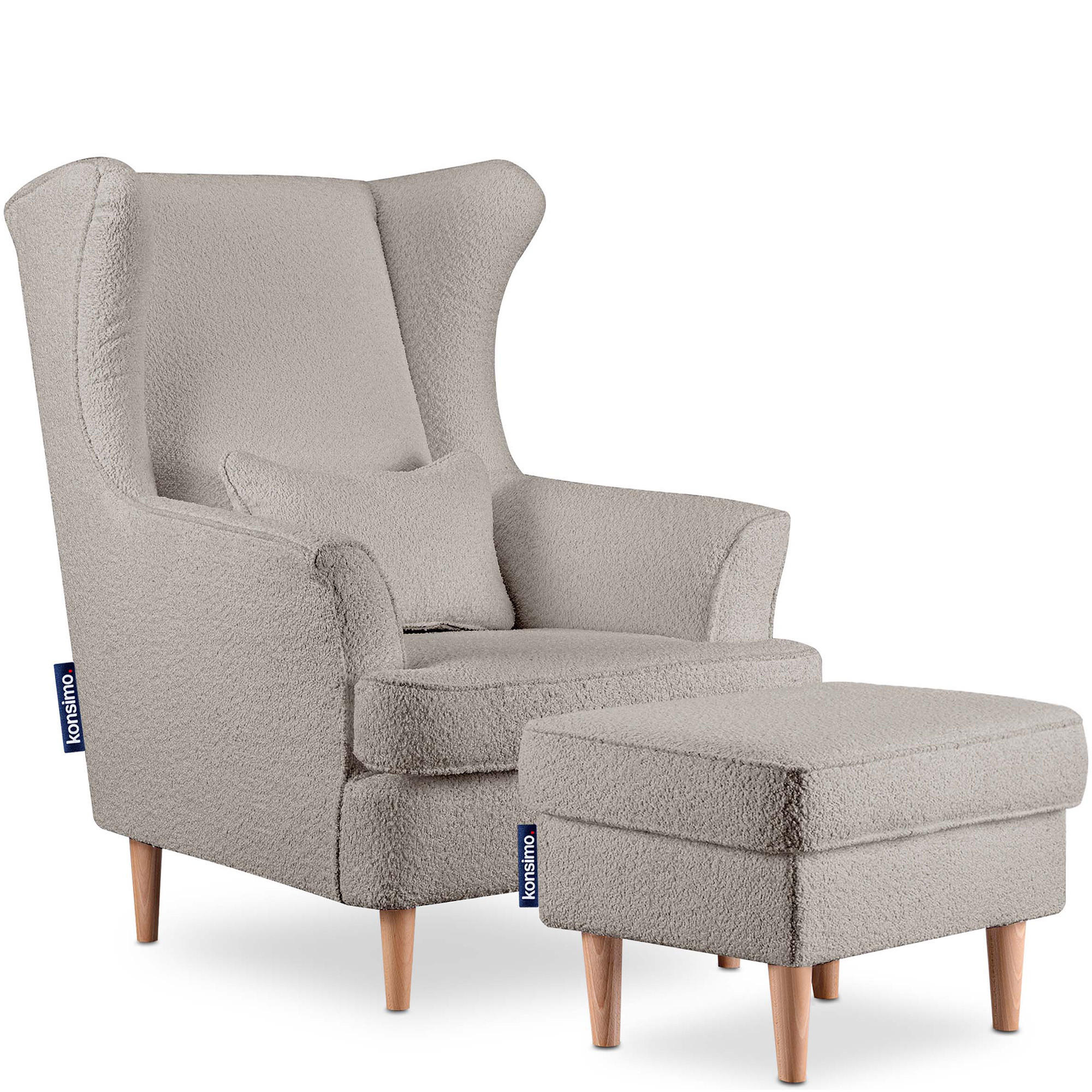 OHRENSESSEL STRALIS mit Sitzhocker, Beige - Graubraun, Textil (82/108/80cm) - KONSIMO®