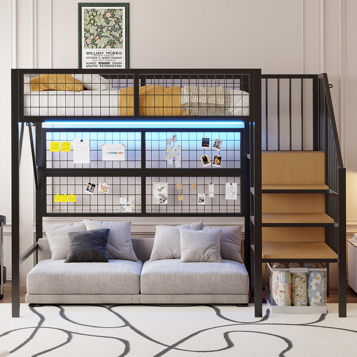 HOCHBETT aus Metall und MDF 90x200 cm Schwarz mit Stauraumtreppe, Kleiderschrank und App-LED - Schwarz, Metall (90/200cm) - IVMEU