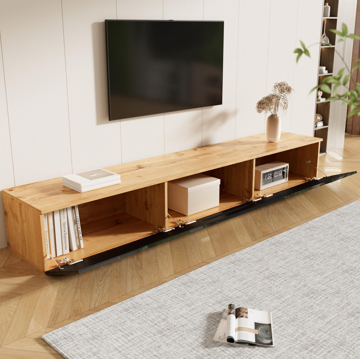 TV-SCHRANK Hochglanz in Schwarz und Holzfarbe 180/35/30 cm - Schwarz, Holzwerkstoff (180/30/35cm) - Redom