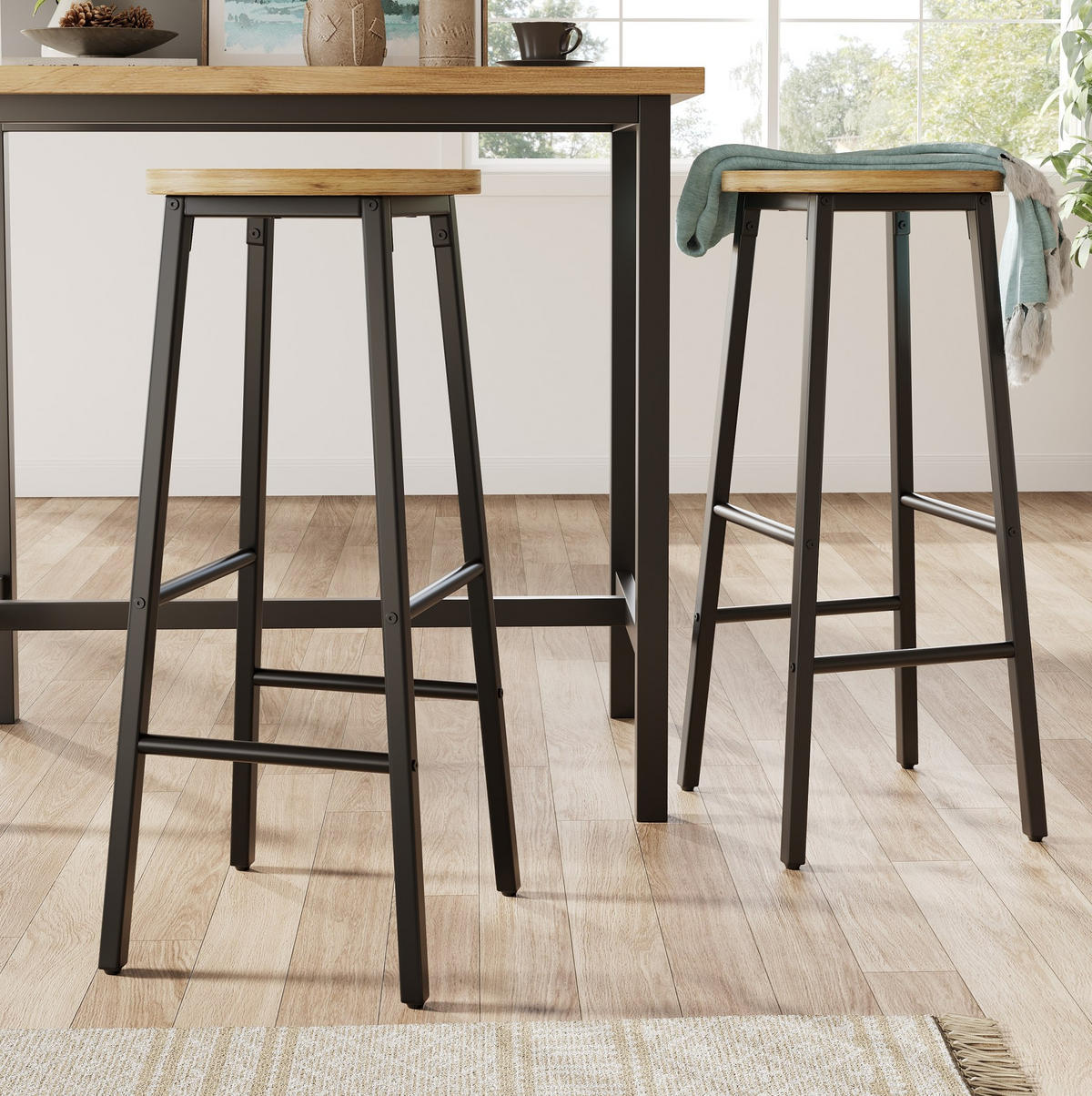 BARHOCKER 2er-Set mit Holzoptik-Sitz, 70 cm, Fußstützen - Schwarz, Metall (30/70/30cm) - MIVRAY