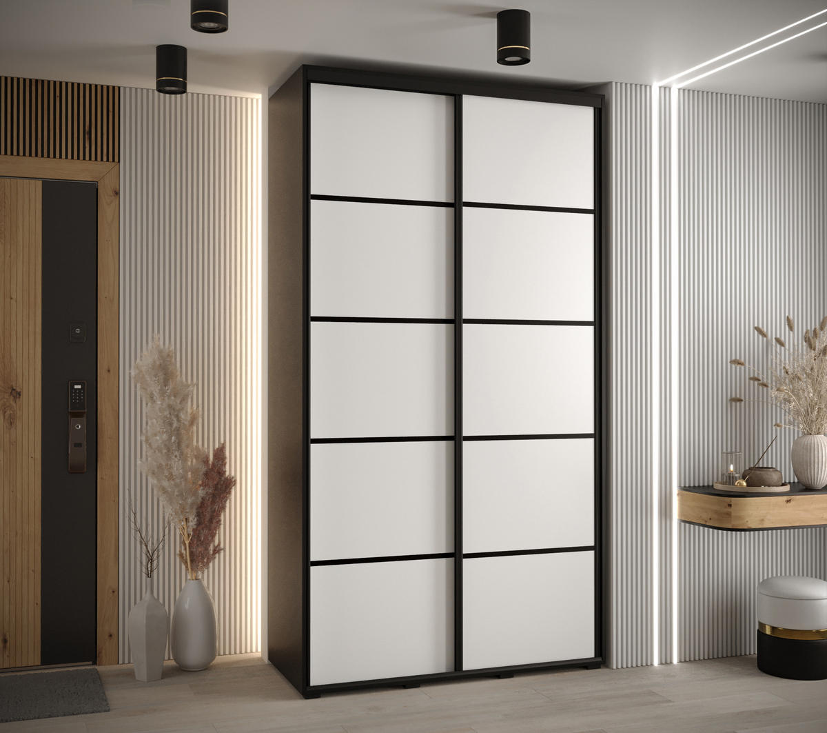 SCHWEBETÜRENSCHRANK 235,2/130/45 2-türig - Schwarz/Weiß, Holz/Metall (130/235/45cm) - Abiks Möbel