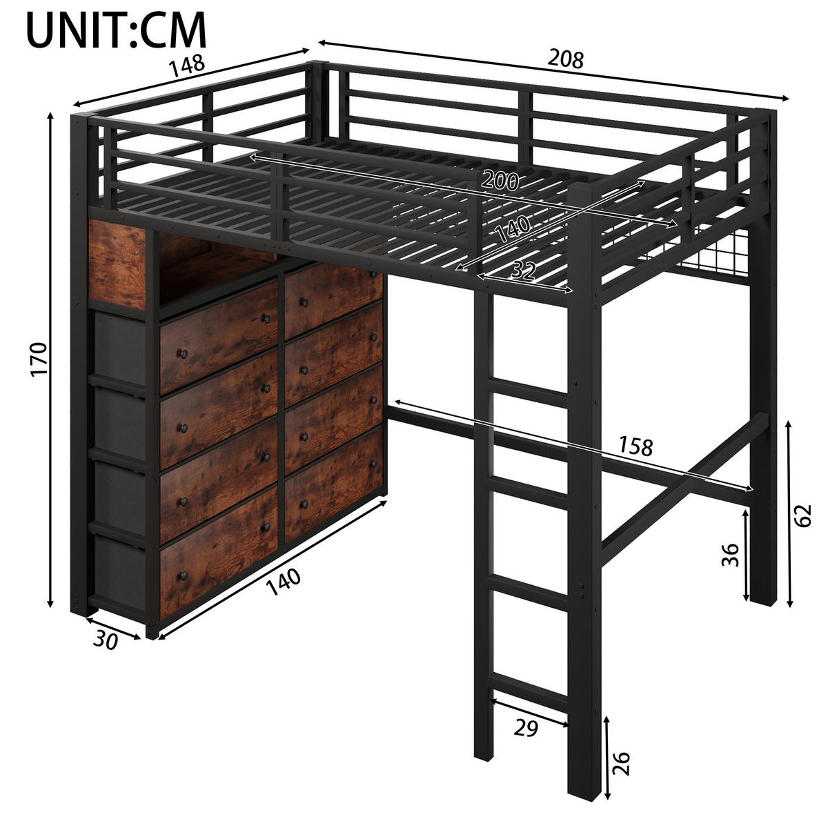 HOCHBETT mit 8 Schubladen 140x200 cm Metall Schwarz - Schwarz, Metall (140/200cm) - Meubliv