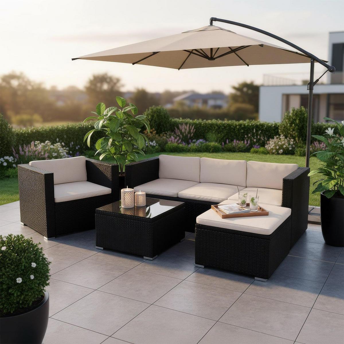 LOUNGEGARNITUR Punta Cana inkl. Abdeckung 4-tlg. - Creme/Schwarz, Kunststoff - Juskys