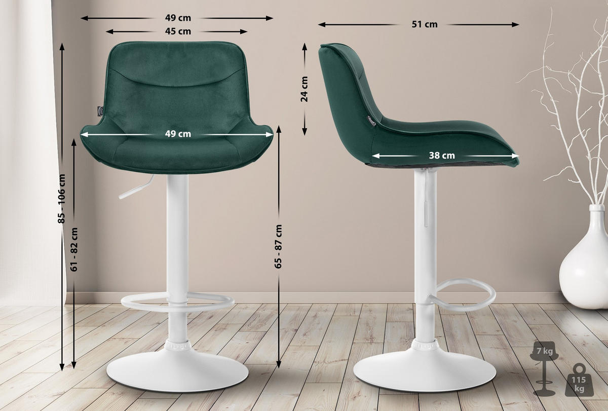 BARHOCKER Samt grün - Weiß/Grün, Textil/Metall (49/85/51cm) - CLP