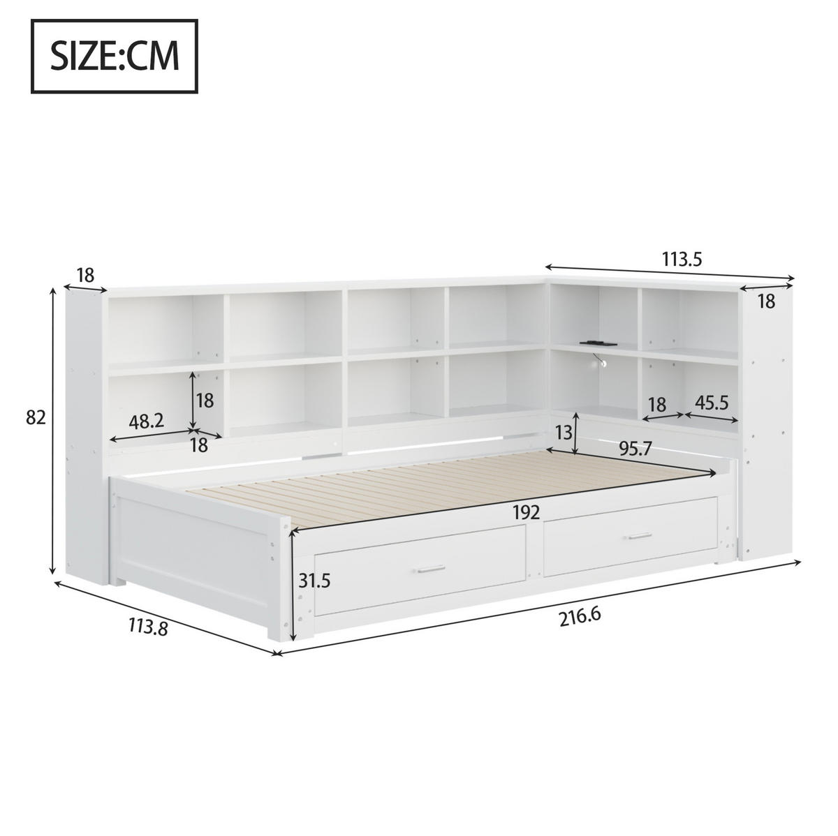 BETT 90/180/190 cm Weiß aus Holz mit Stauraum und Bett - Weiß, Holzwerkstoff (90/190cm) - OKMYHOME