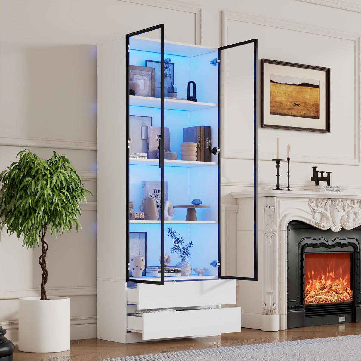 VITRINE weiß aus MDF mit Aluminium-Glastüren, zwei Schubladen und App-gesteuerter LED-Beleuchtung 80 × 34 × 200 cm - Weiß, Holzwerkstoff (80/200/34cm) - Luhomfu