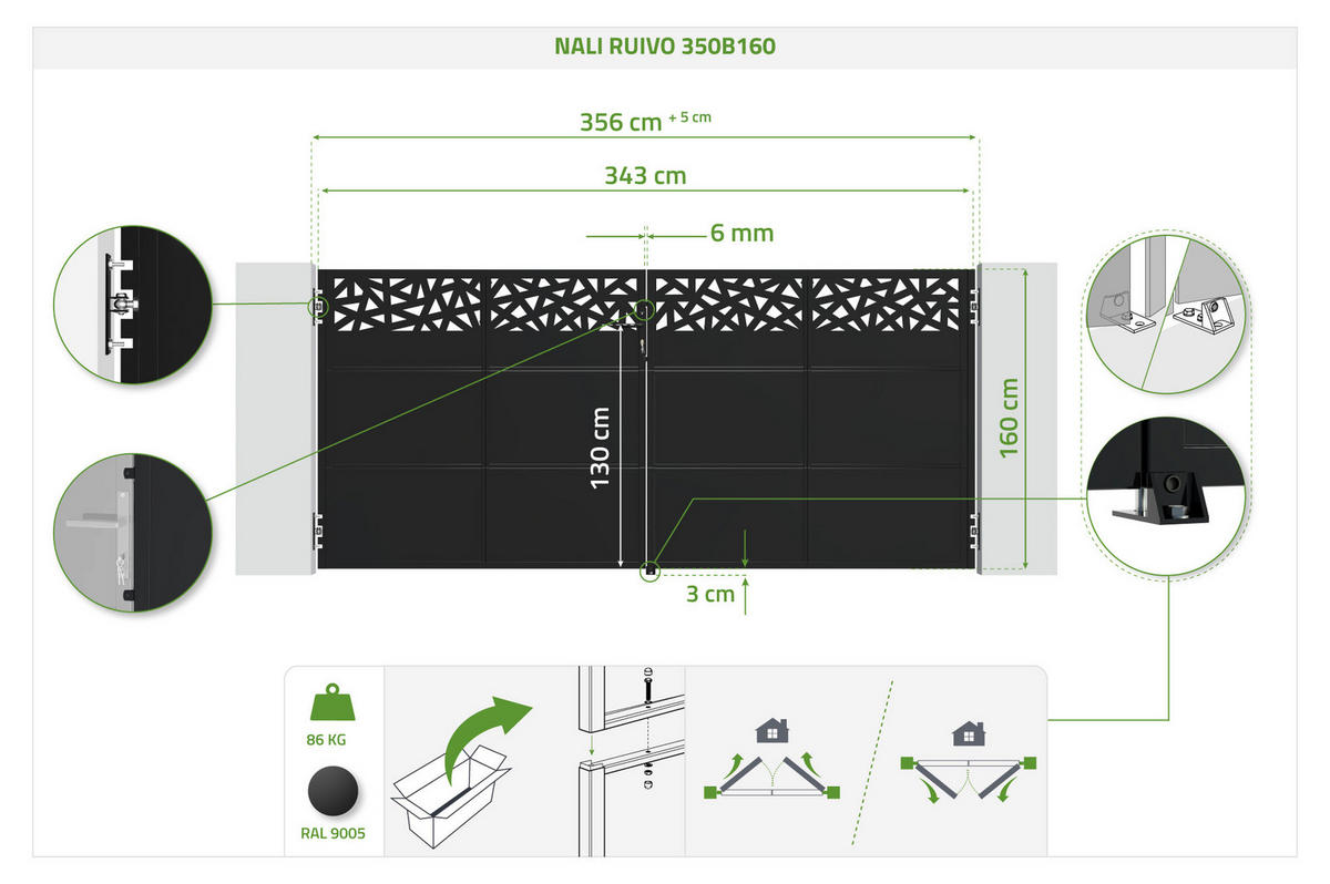 STAHLFLÜGELTOR Nali Ruivo Mattschwarz 3,5m H.160cm - Schwarz, Metall (343/160cm) - Casanoov