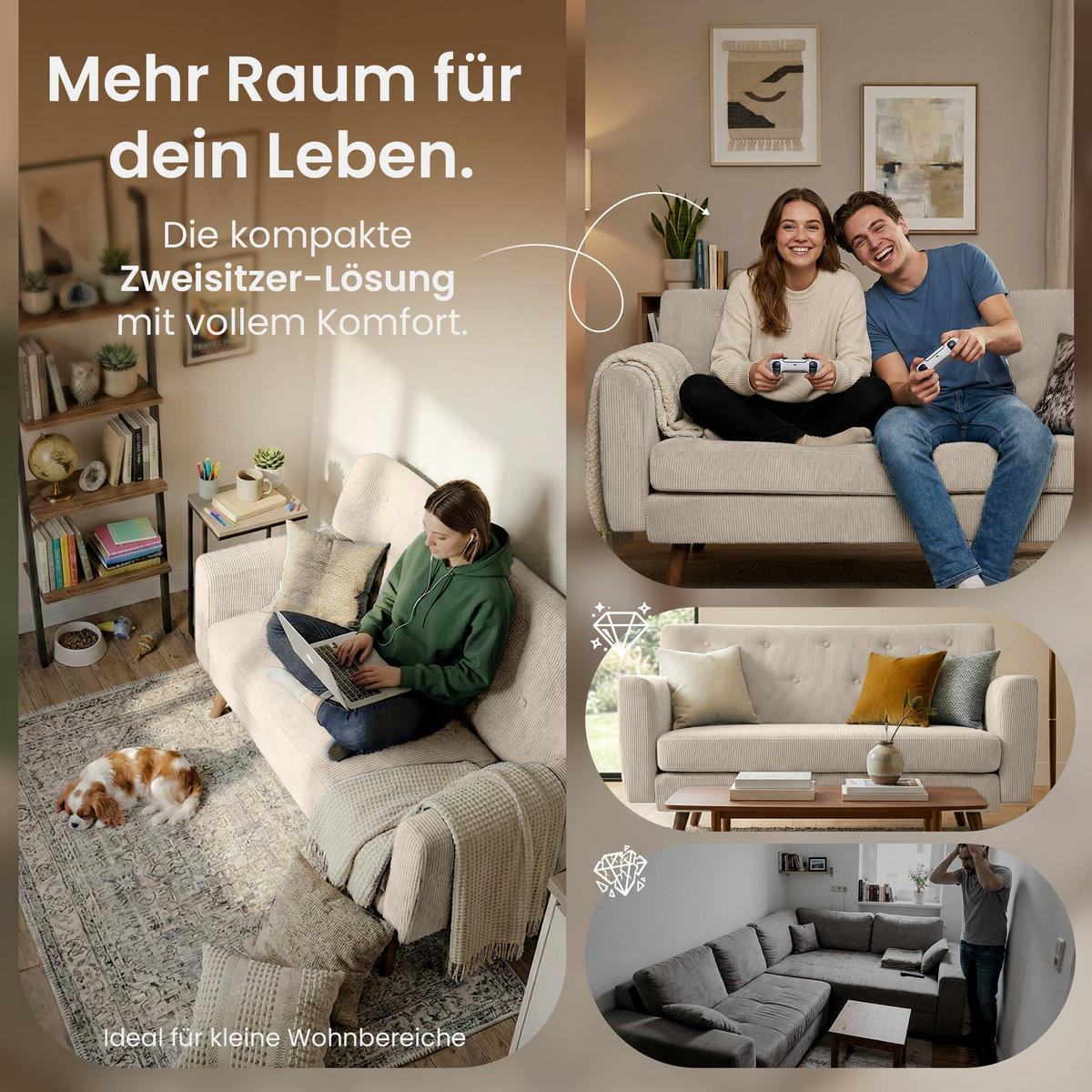 SOFA 120/74 cm Cord Creme - Creme/Braun, Holz/Textil (120/81/74cm) - CLP