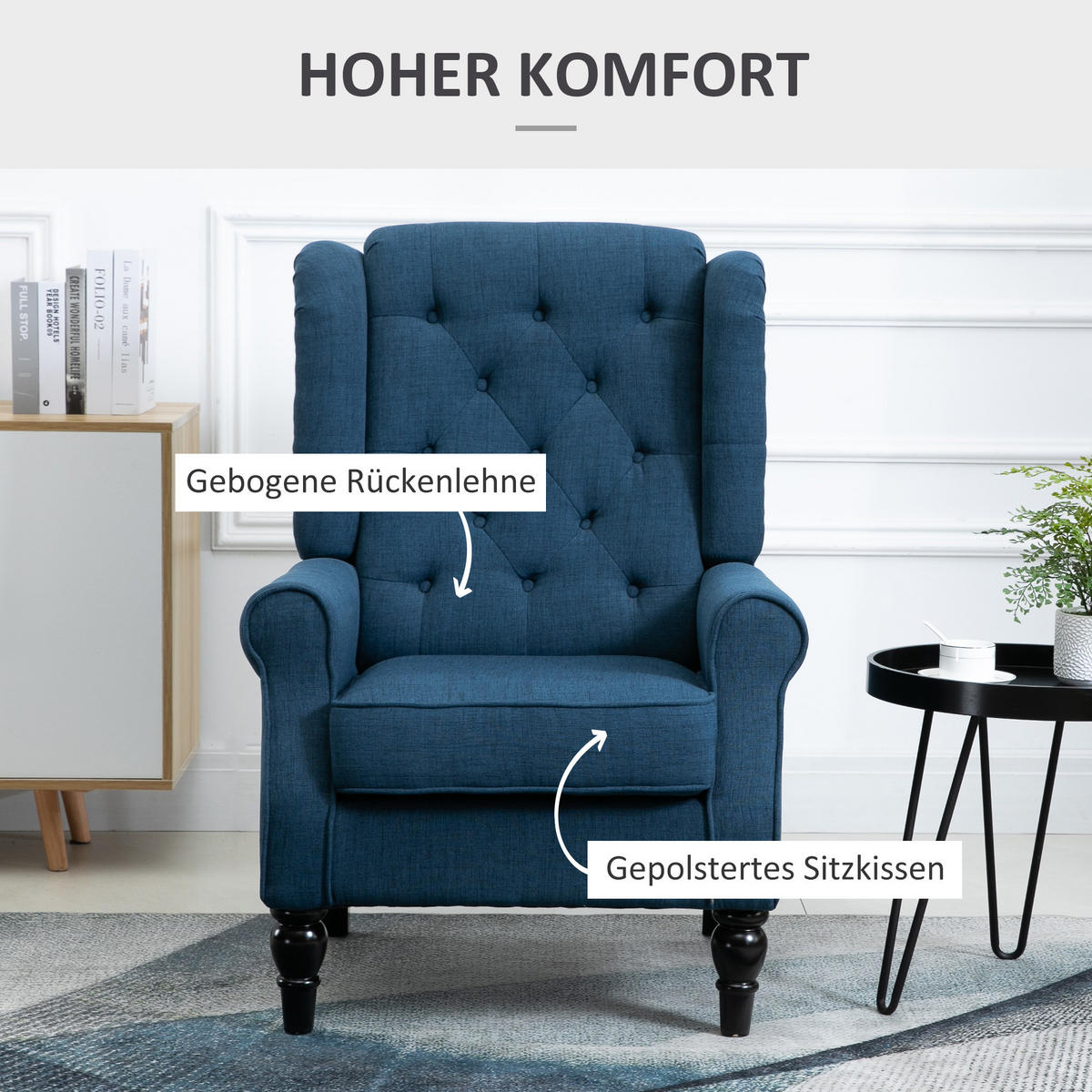 OHRENSESSEL Gepolstert Sessel mit Tufting, hoher Rückenlehne bis 160 kg, Blau - Blau/Schwarz, Holz/Textil (86/102/74cm) - HOMCOM