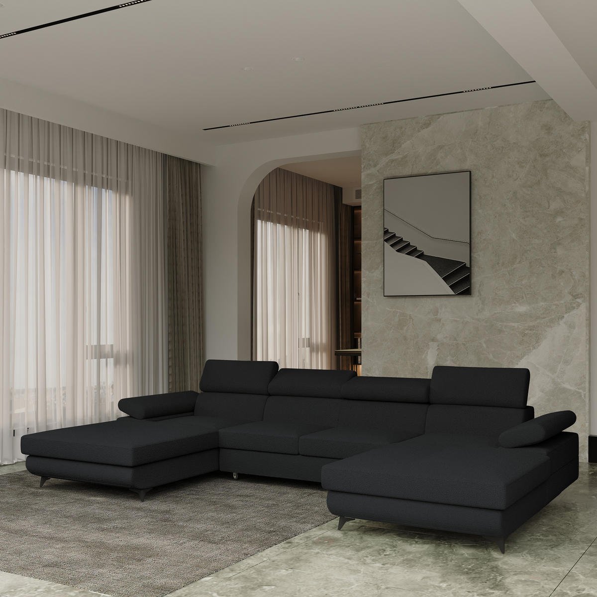 WOHNLANDSCHAFT DETTI Schwarz Boucle-Stoff mit Schlaffunktion - Schwarz, Holz (339/89/190cm) - MASSENO