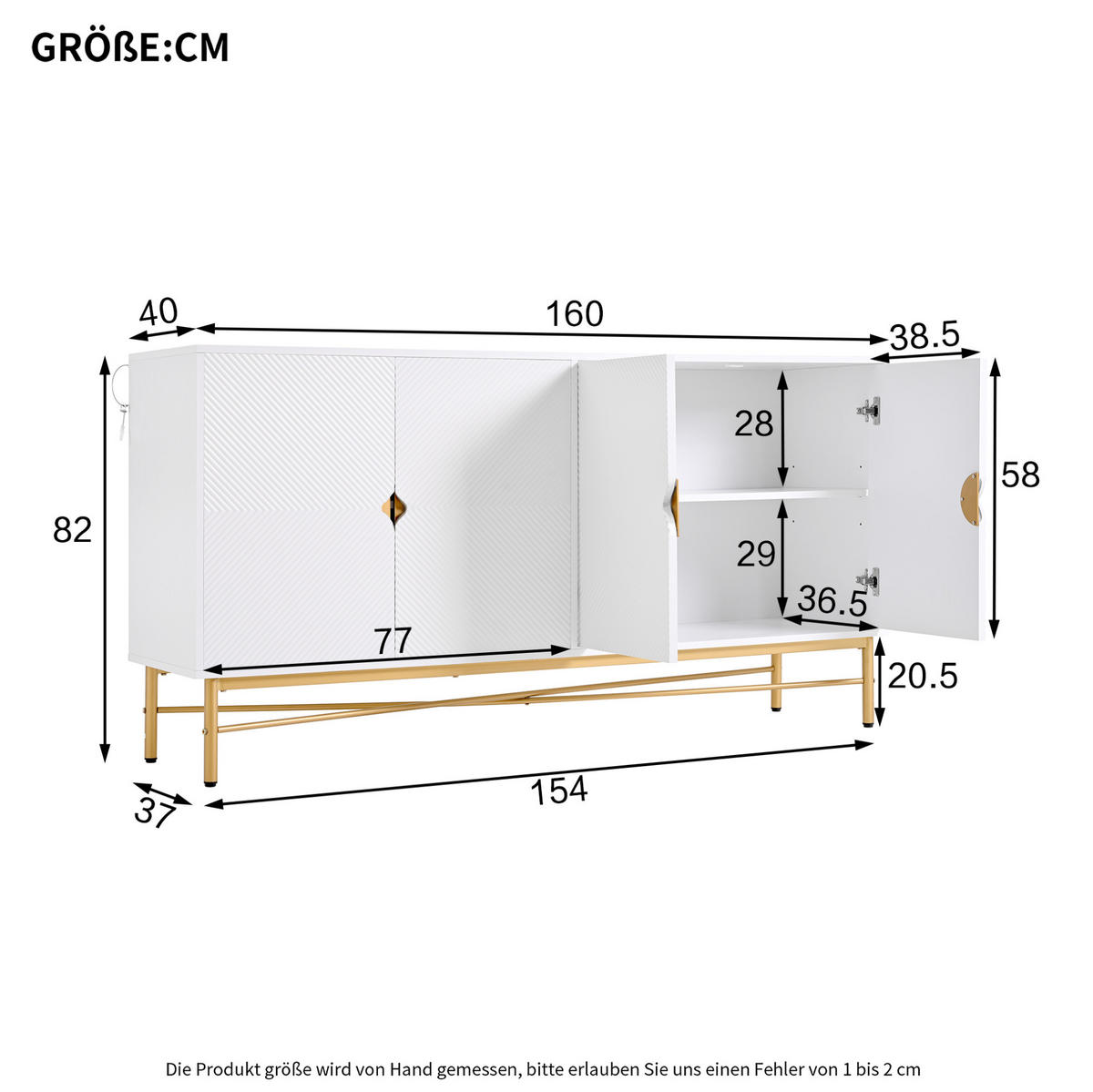 SIDEBOARD aus MDF und Spanplatte 160x40x82 cm Weiß mit 4 Türen, Soft-Close und strukturierter Front - Weiß, Holzwerkstoff (160/82/40cm) - Modfu
