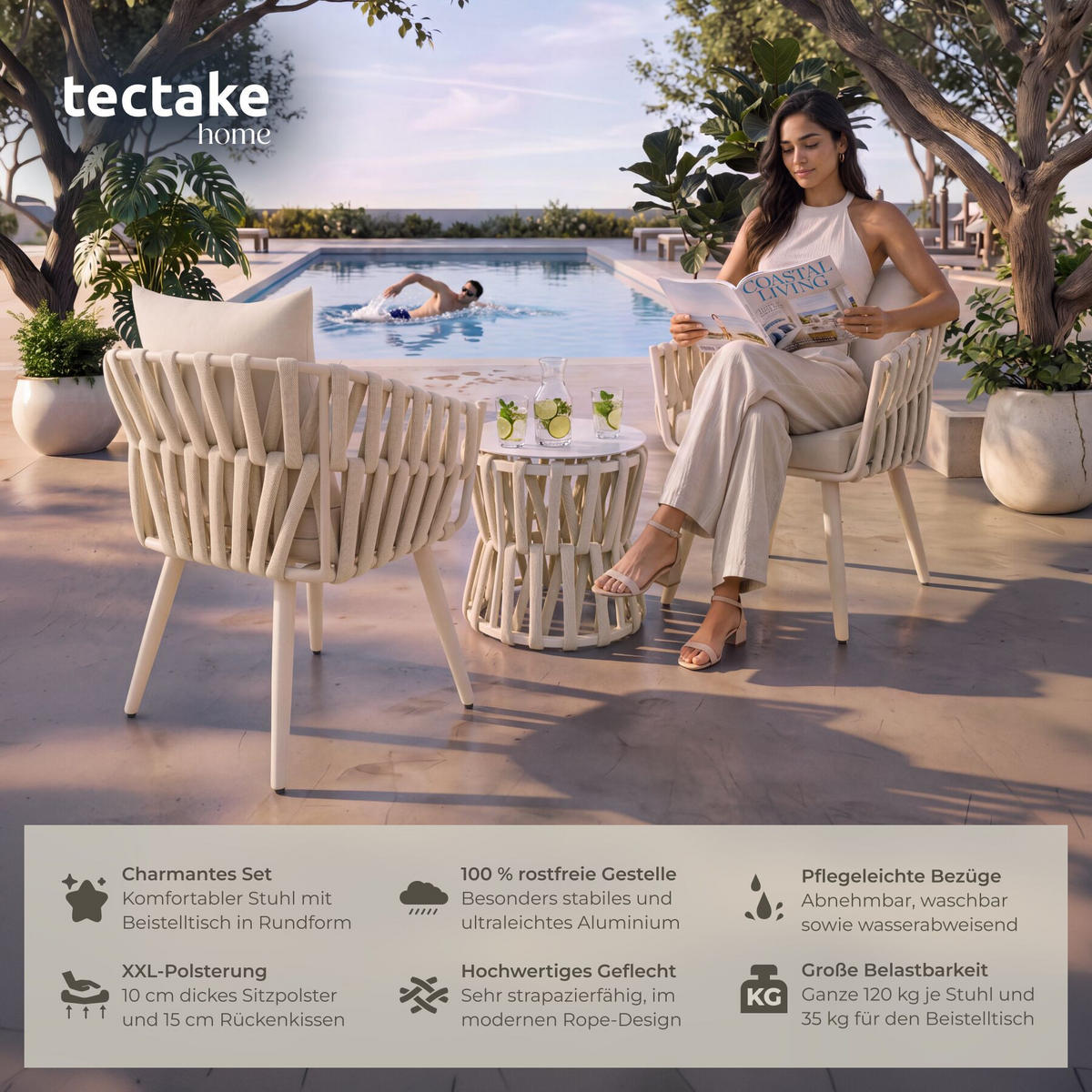 GARTENLOUNGE-SET ALUMINIUM Lugano, höhenverstellbare Kunststofffüße, Sicherheitsglasplatte, beige - Beige, Kunststoff - tectake