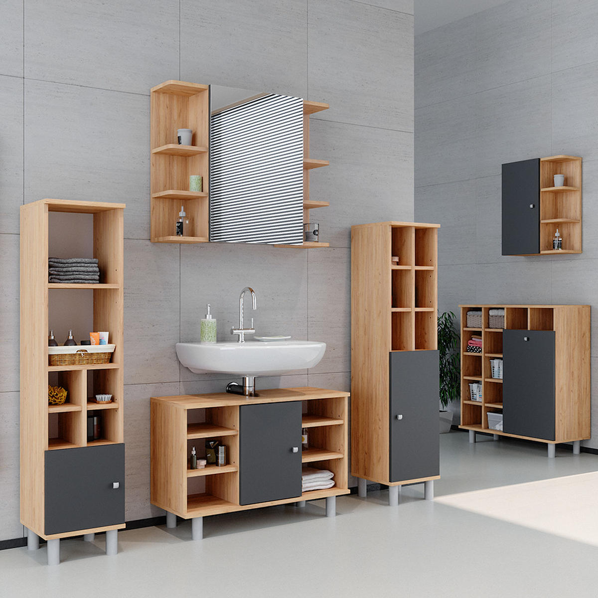 BADMÖBEL-SET Fynn Goldkraft Eiche 2 Teile, Unterschrank 80 cm - Anthrazit/Eiche Wotan, Holzwerkstoff (60/54/32cm) - Vicco