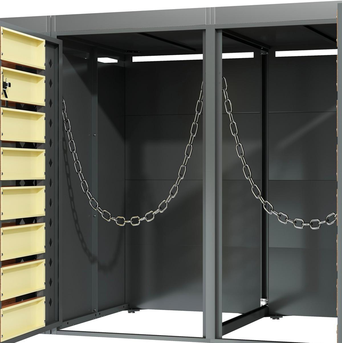 MÜLLTONNENBOX aus verzinktem Stahl in Grau/Holzoptik mit Pflanzkasten & 4 Türen 264x80x124,5 cm - Grau, Metall (264/124.5/80cm) - Modfu