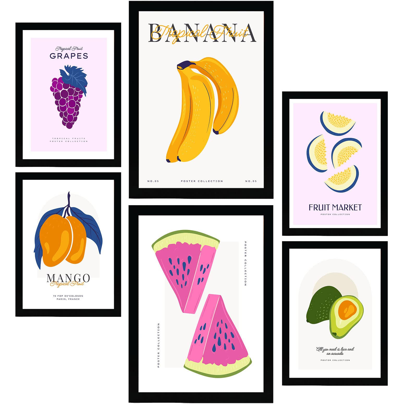 POSTER Set Mit 6 Lebensmittel Und Ernährungs Sommerfrüchte Natur Und Ernährungs Für Innenarchitektur A3 & A4 Schwarzer Rahmen - Schwarz, Papier (29/3cm) - Nacnic