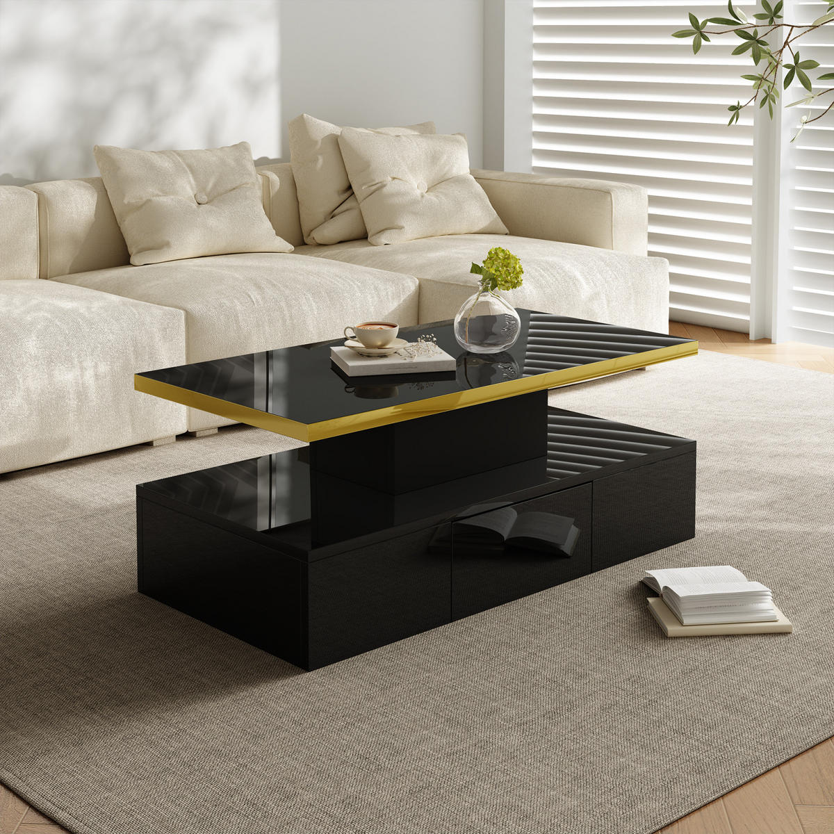 COUCHTISCH Schwarz mit LED, Schubladen und 2 Ablagen - Schwarz, Metall (100/50/38cm)