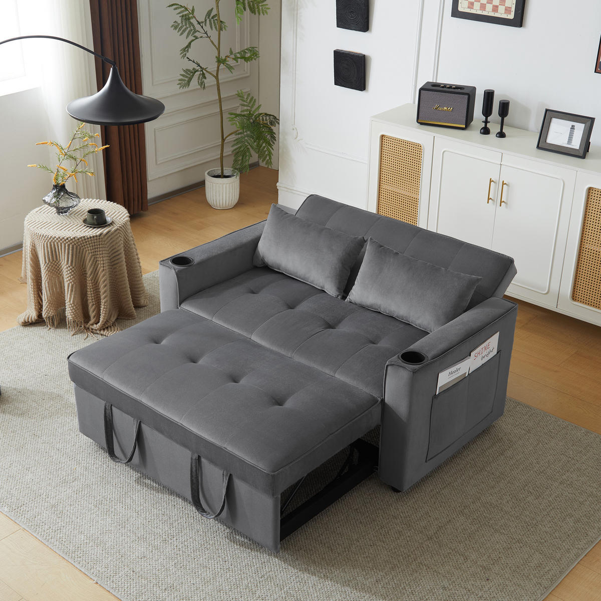 KLAPPSOFA Multifunktion mit Getränkehalter & Kissen Schlaffunktion Grau - Grau, Holz (110/25/68cm) - FLIEKS