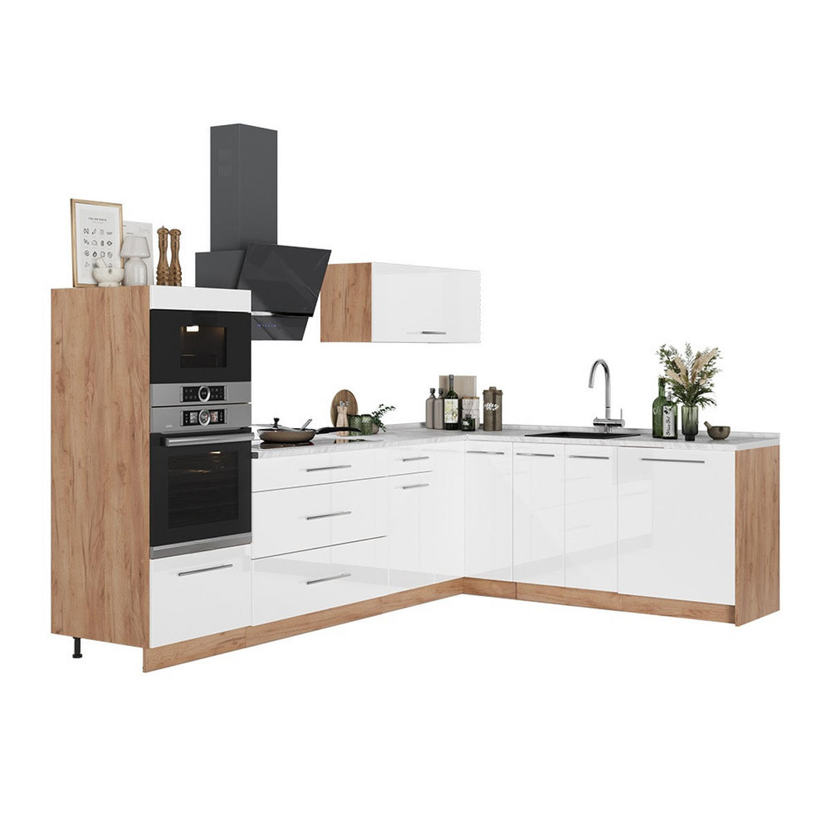 KUHINJA U OBLIKU SLOVA L Fame-Line, Sjajna Bijela /Hrast zlatnog tona, 287 x 207 cm, RP Mramor - hrast medunac/bijela visoki sjaj, drvni materijal (287/153.6/60cm) - Vicco