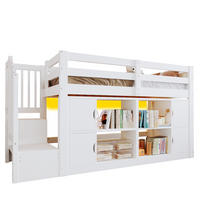 HOCHBETT aus Kiefernholz und MDF 90x200 cm Weiß mit Stauraumtreppe, Schränken und LED-Beleuchtung - Weiß, Holzwerkstoff (90/200cm) - Modfu