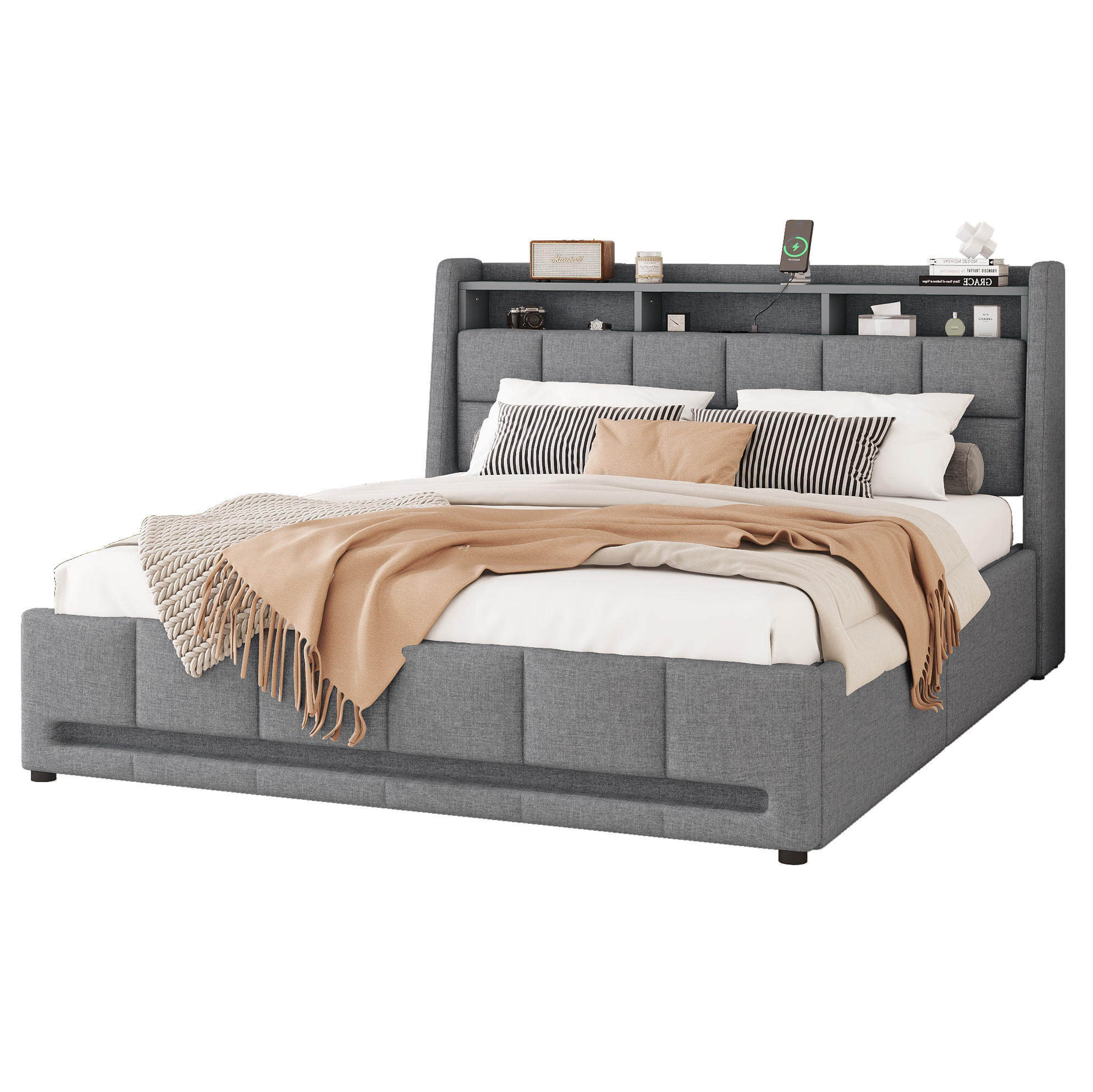 POLSTERBETT 140/200 cm Grau mit LED-Beleuchtung und Schubladen - Grau, Textil (140/200cm) - Flora Grace