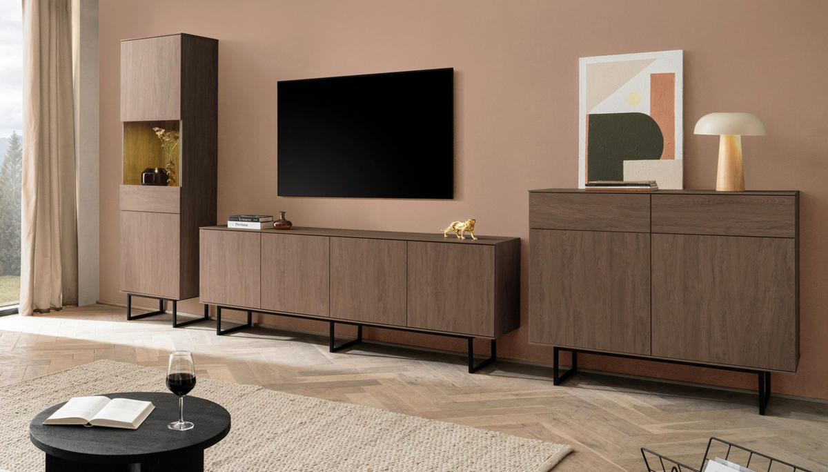 WOHNWAND in Nussbaum 3-teilig 400 cm, Komplett-Set mit Push-to-Open - Nussbaumfarben/Schwarz, Glas/Holzwerkstoff (400/200/40cm) - Furn.Design