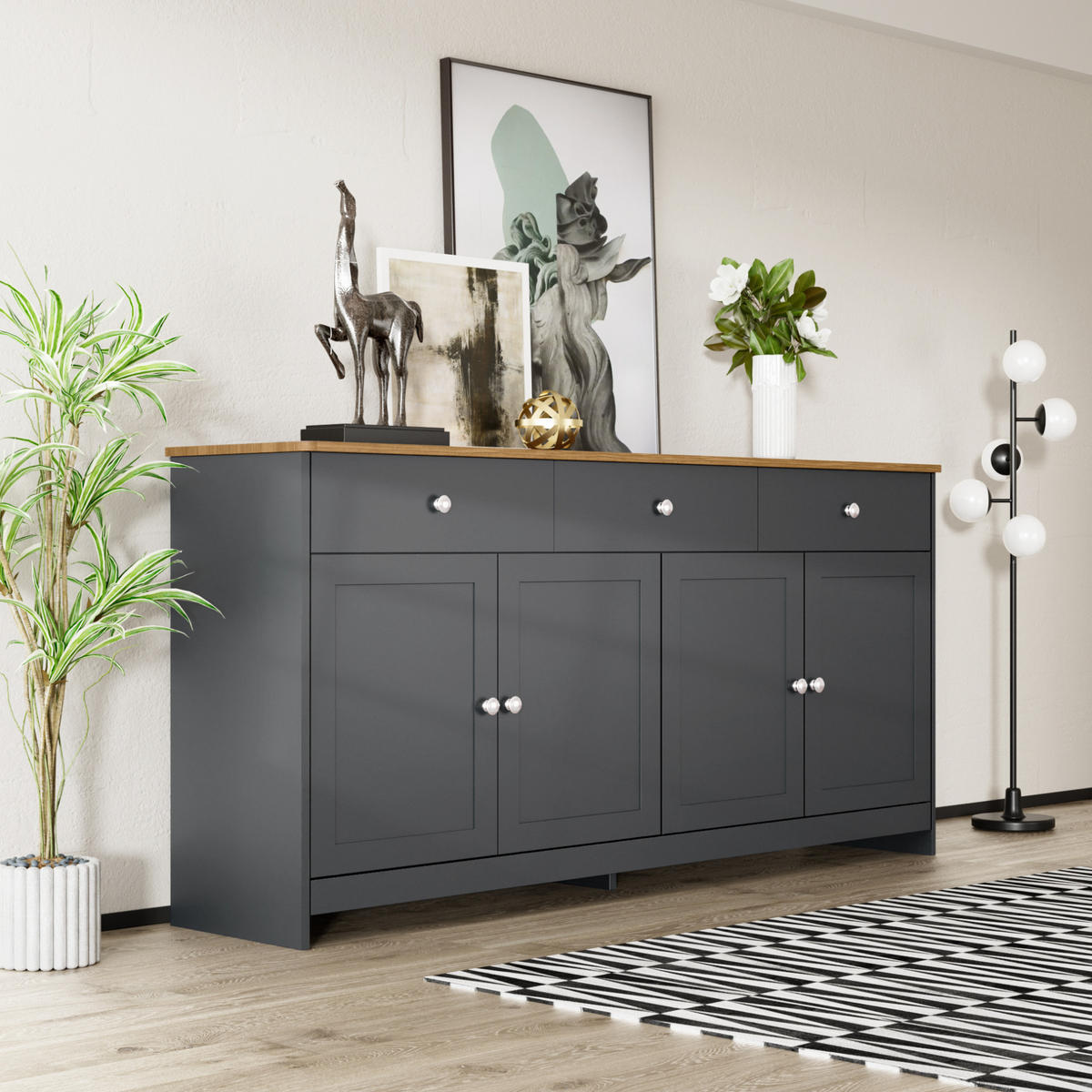 SIDEBOARD 160/37/75 cm in Grauschwarz mit 4 Türen, 3 Schubladen und Ablagefächern - Schwarz, Holzwerkstoff (160/75/37cm) - Flora Grace