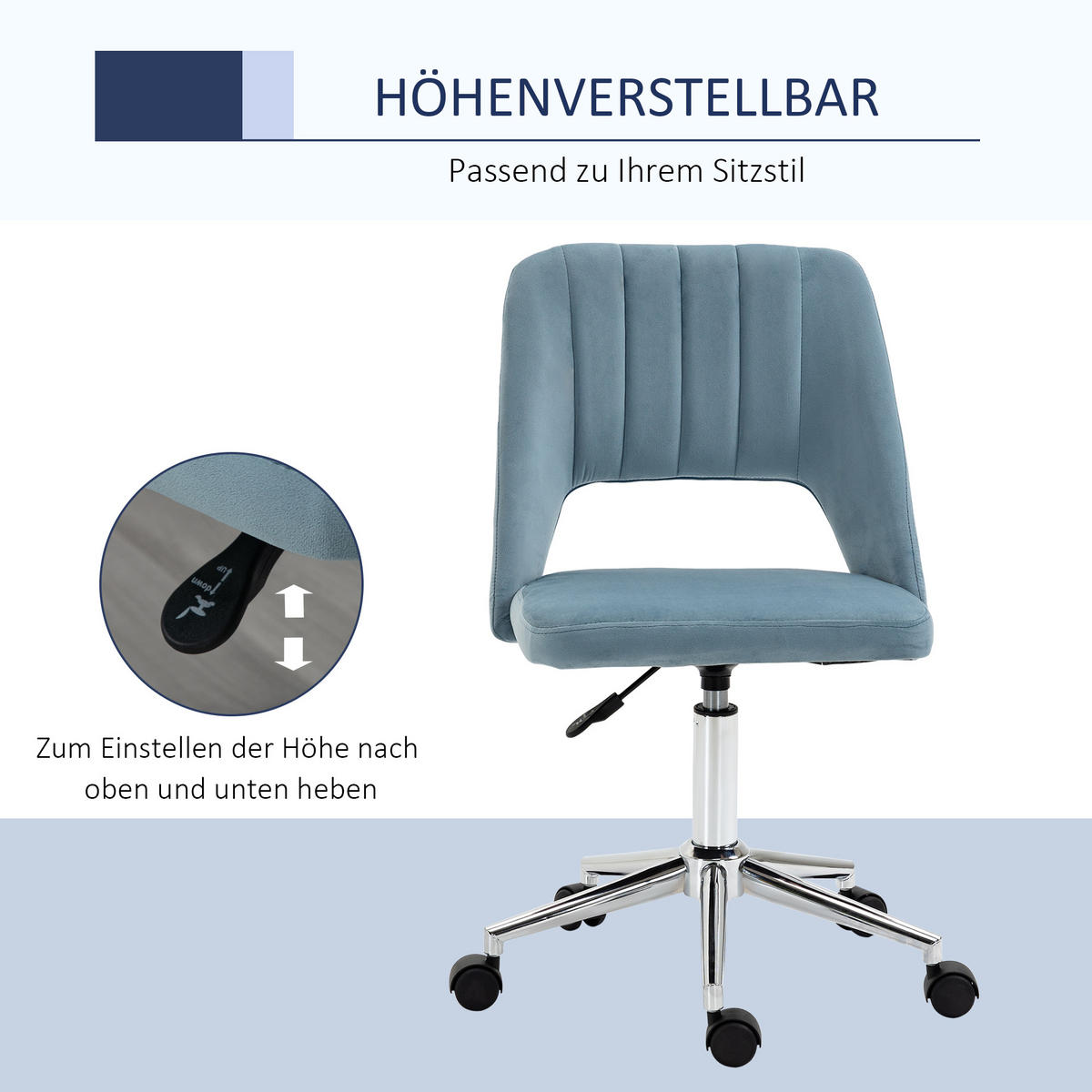 BÜROSTUHL Drehstuhl Jakobsmuschel-Form verstellbar Samtartiges Polyester Blau - Blau, Kunststoff (60/91/49cm) - Vinsetto