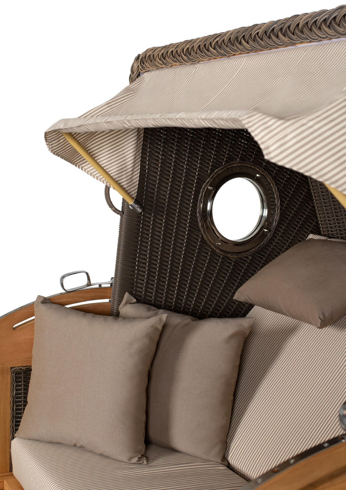 STRANDKORB Komplettset: Borkum XL Teak Bullauge - PE grau - Modell 510 - Beige/Braun, Holz/Kunststoff (142/170/95cm) - bene living