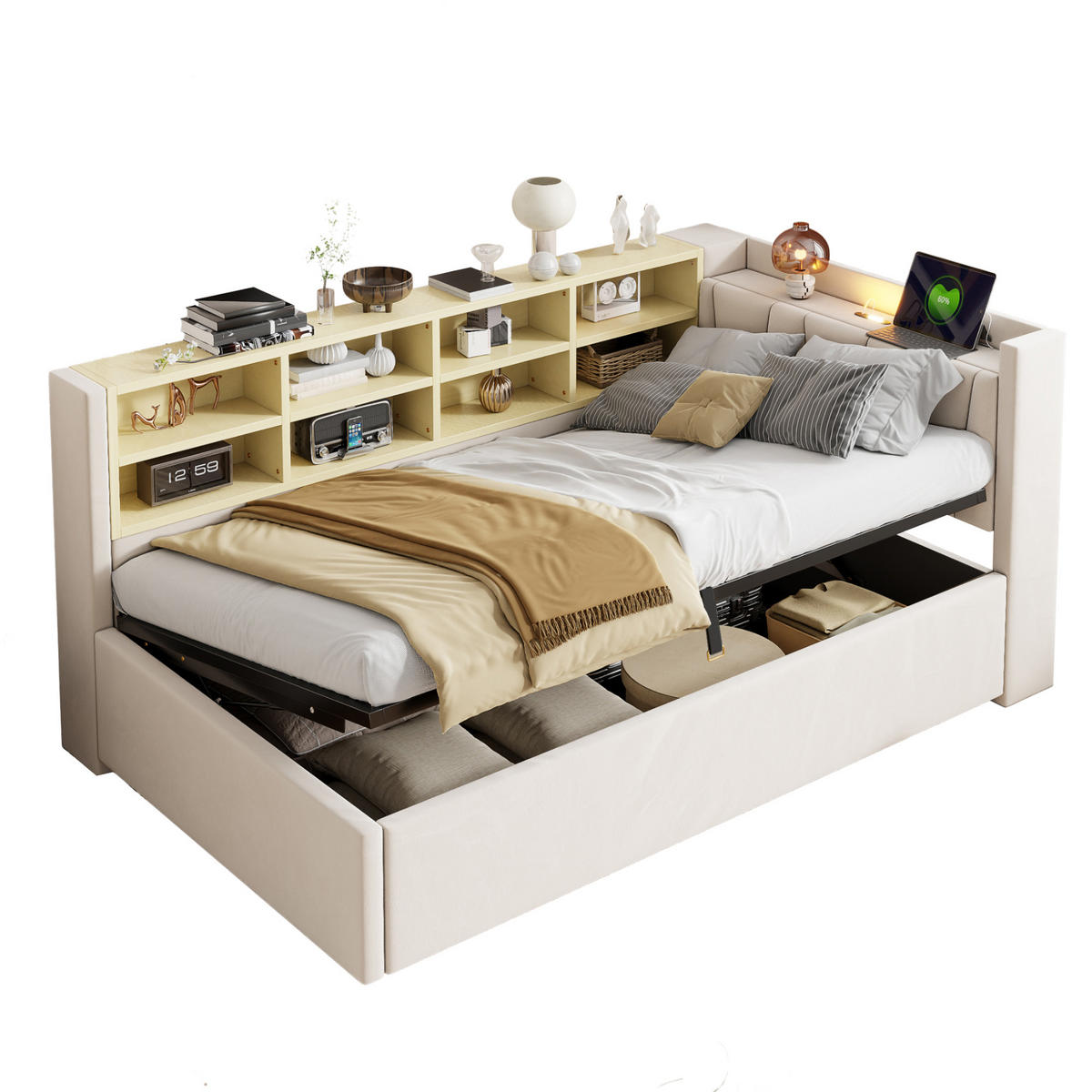 POLSTERBETT 90/200 cm Beige mit Stauraum mit LED-Beleuchtung aus Samt - Beige, Textil (90/200cm) - OKWISH