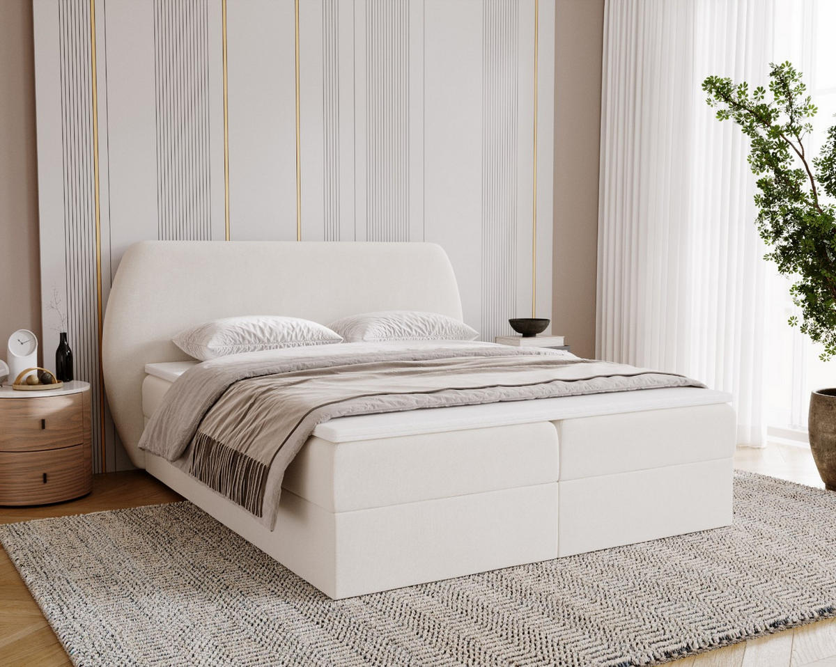 BOXBETT Bloom mit abgerundetem Kopfteil, Stoff Komodo Beige 120x200 cm - Beige, Holz (120/200cm) - Kaiser Möbel