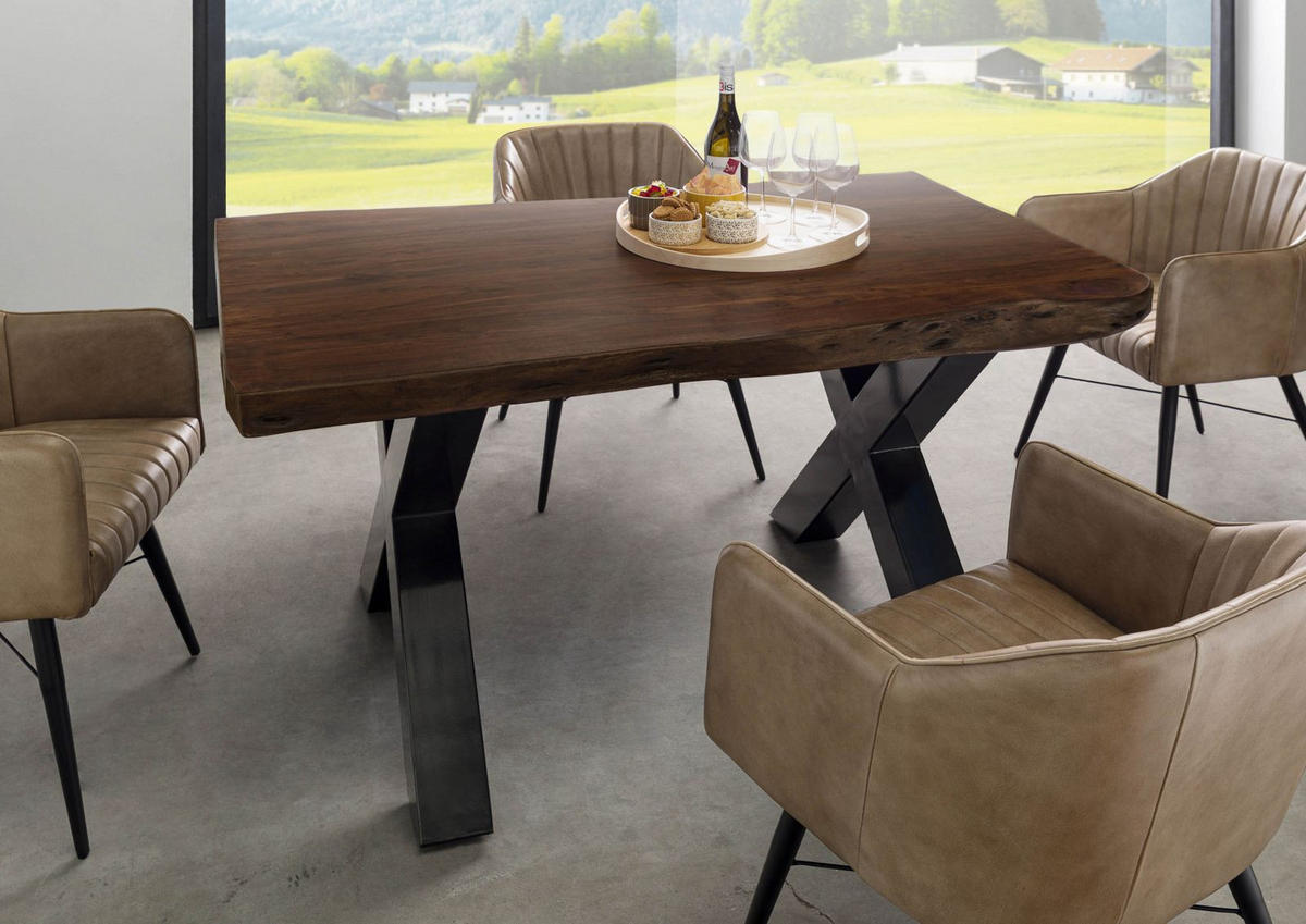 BAUMTISCH Akazie 140x90x77 braun lackiert / X-Beine anthrazit glänzend FREEFORM 5 - Braun, Holz (90/140/77cm) - Massivmoebel24