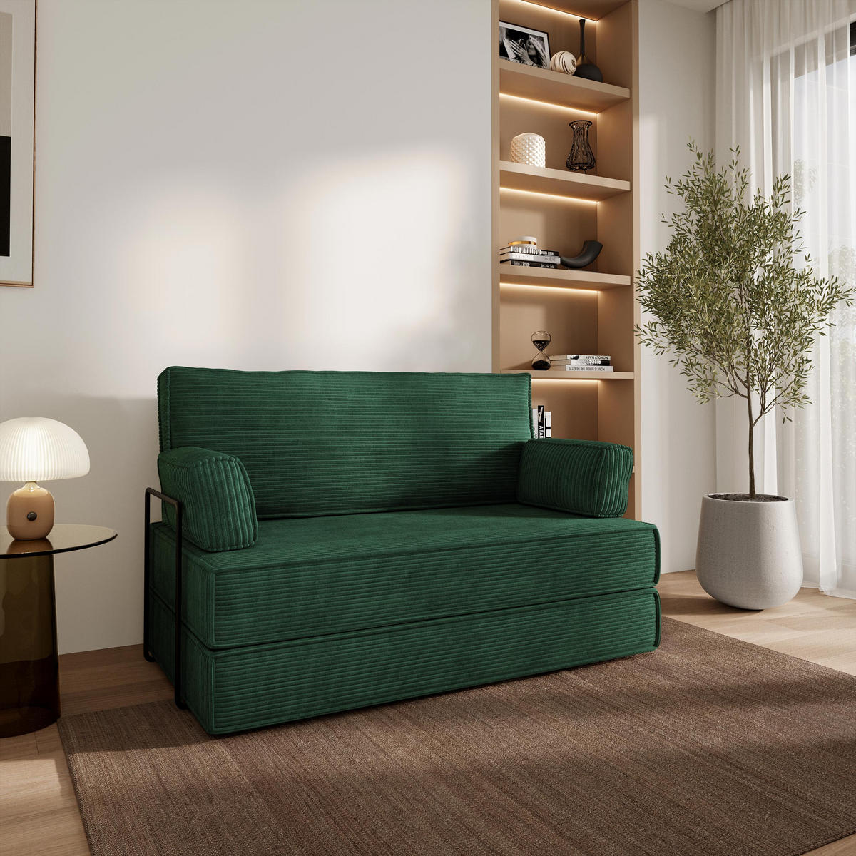 BETTSOFA LADIA aus Schaumstoff Cordstoff Grün Schlaffunktion - Grün, Textil (140/86/60cm) - MASSENO