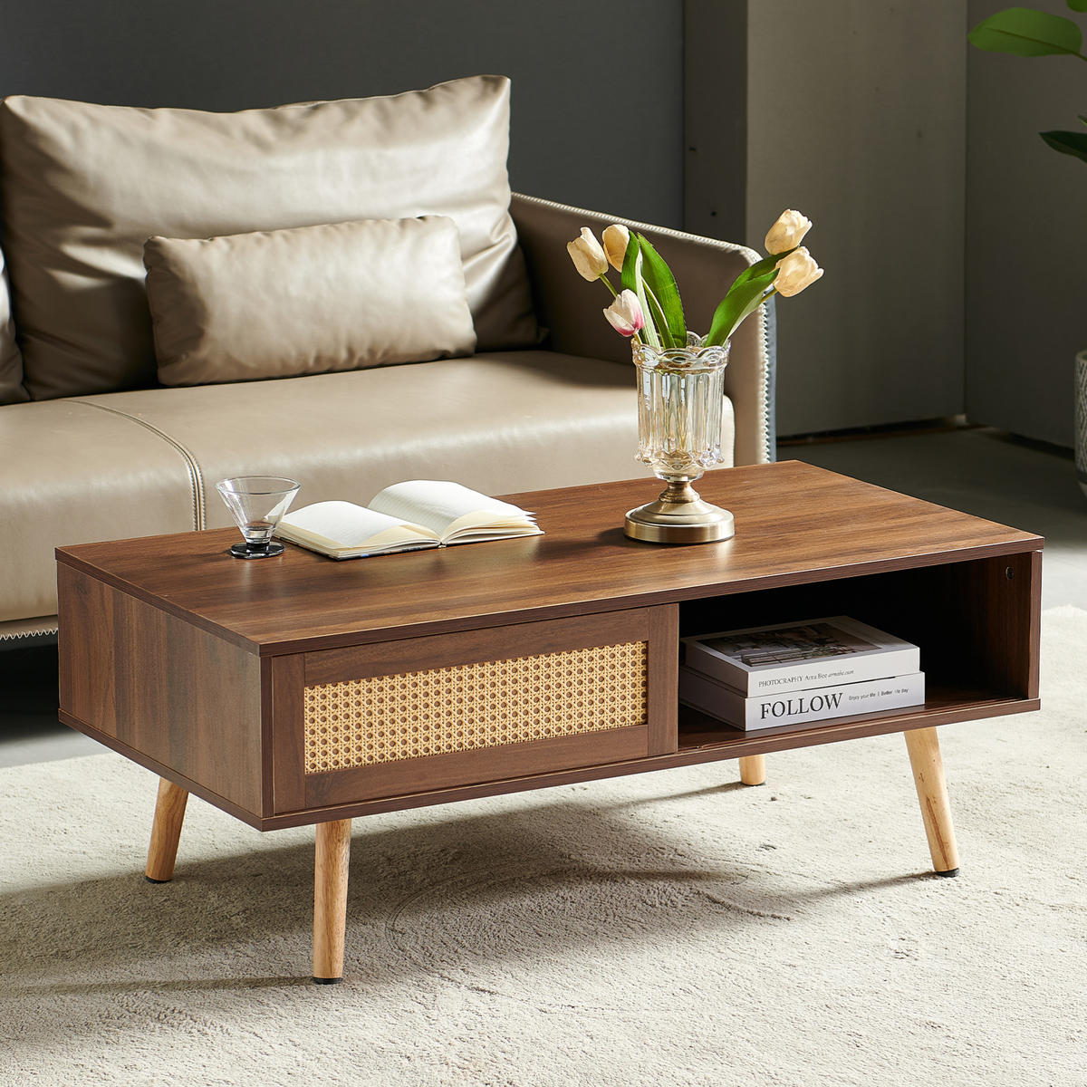 COUCHTISCH 55/105/40 cm mit Rattan-Schiebetür und Stauraum, Beine aus Massivholz, Braun - Braun, Holzwerkstoff (105/55/40cm) - Redom