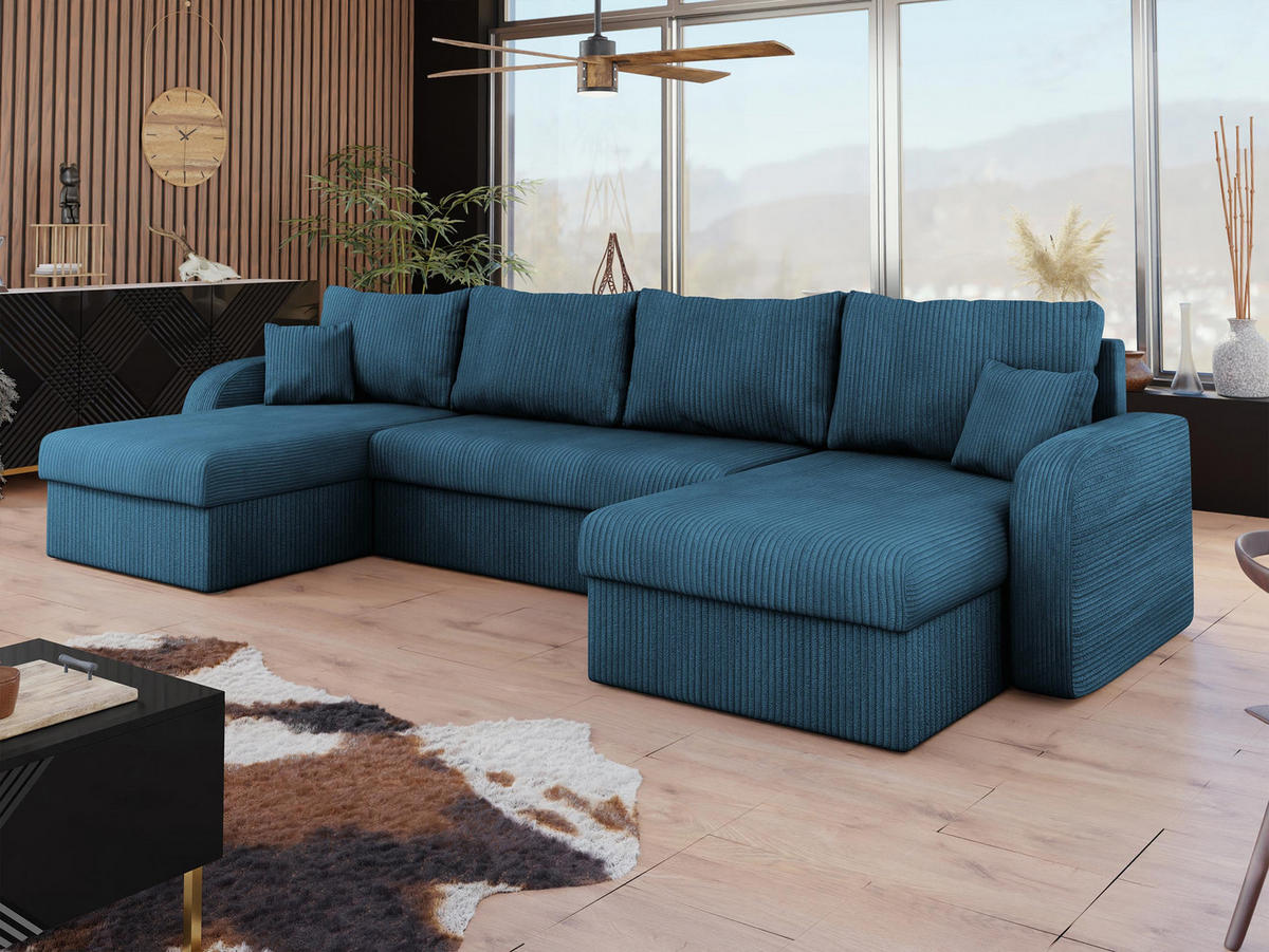 ECKSOFA Kris U Cord - Blau/Schwarz, Holz/Kunststoff (304/80/140cm) - MIRJAN24