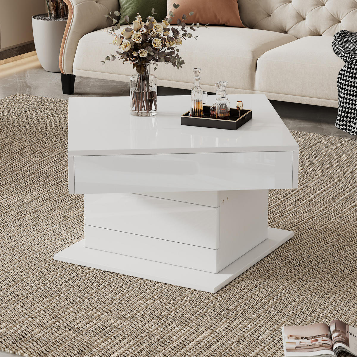 COUCHTISCH 70/70 cm höhenverstellbar mit 1 Schublade und 360° Drehfunktion - Weiß, Holzwerkstoff (70/70/45cm) - BEAOK