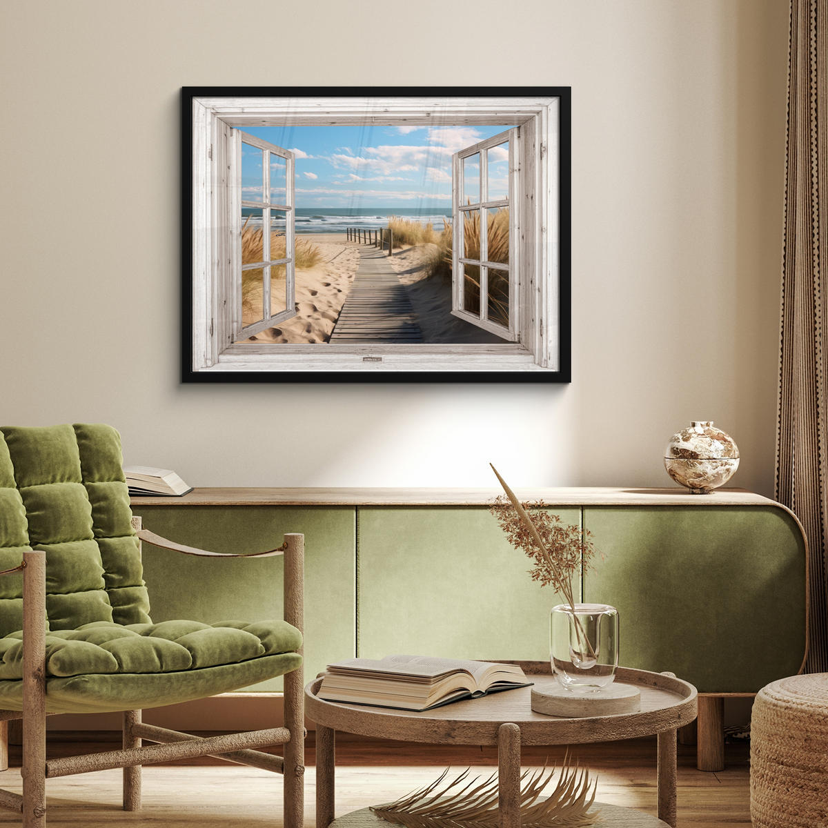 ZARÁMOVANÝ PLAGÁT Okno - more - pobrežie - príroda - výhľad - pláž - Waddenské more 80x60 cm - béžová, papier (80/60cm) - MuchoWow