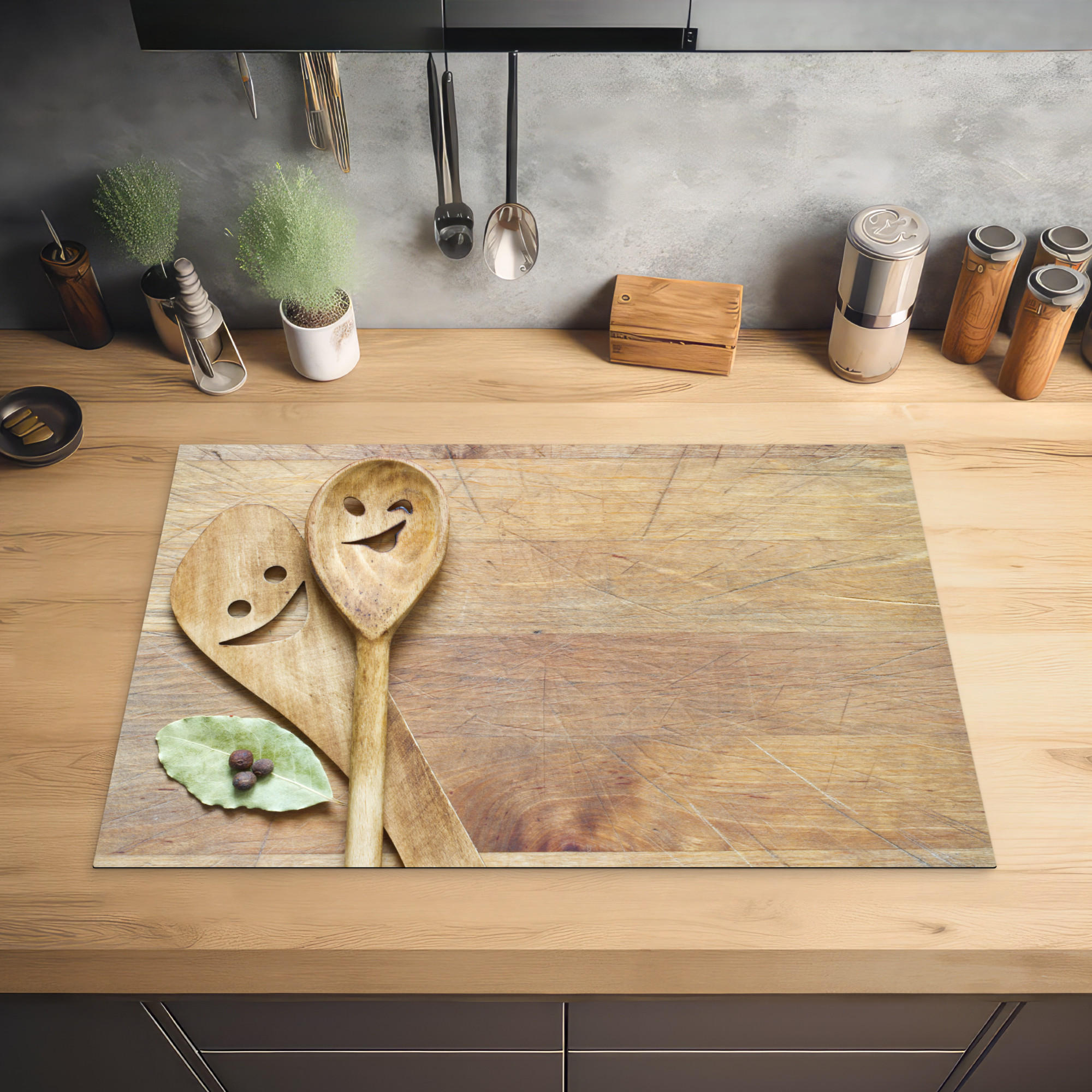 HERDABDECKPLATTE Holz - Löffel - Braun - Smiley 76x51 cm - Hellbraun, Kunststoff (76/0.2/51.5cm) - MuchoWow