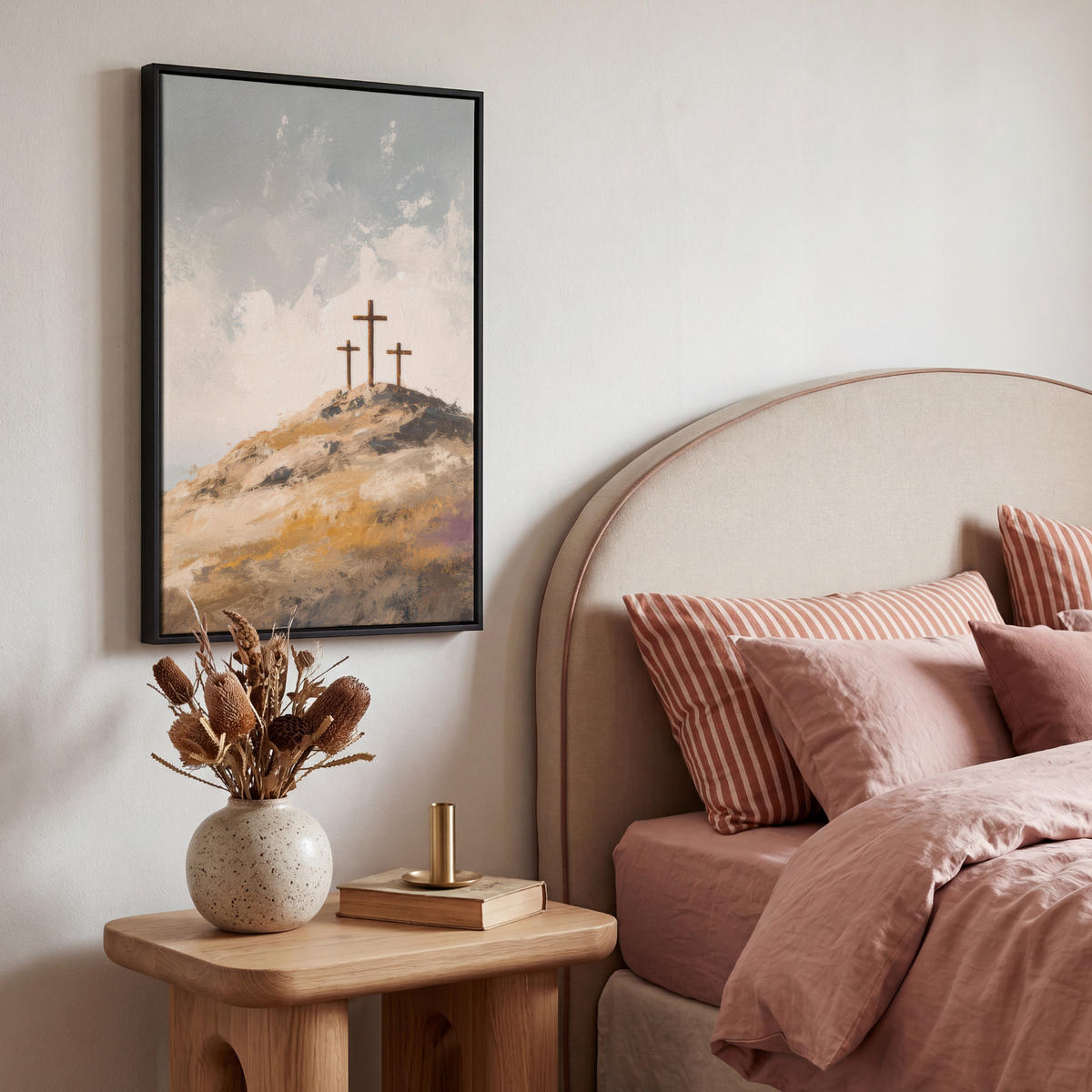 LEINWAND Bilder mit Rahmen - Hügel - Abstrakt - Christentum - Kreuz - 40x60 - Hellgrau, Textil (40/60cm) - MuchoWow