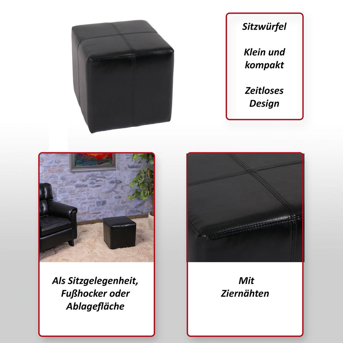 SITZHOCKER Schwarz - Schwarz, Leder (36/36/36cm) - MCW