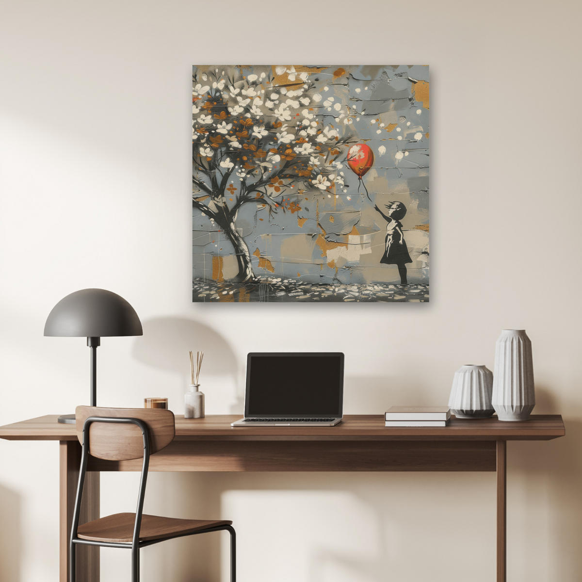 AKUSTIKBILD Baum - Graffiti - Banksy-Stil - Ballon-Mädchen Akustikpaneele 80x80 cm - Blaugrau, Kunststoff (80/80/0.9cm) - MuchoWow