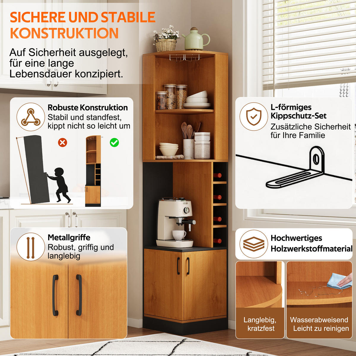 HIGHBOARD DE-38705 40/40/182 cm Weinglasregal und 4 Weinfächer Holz - Naturfarben, Holzwerkstoff (40/182/40cm) - ComfortXL