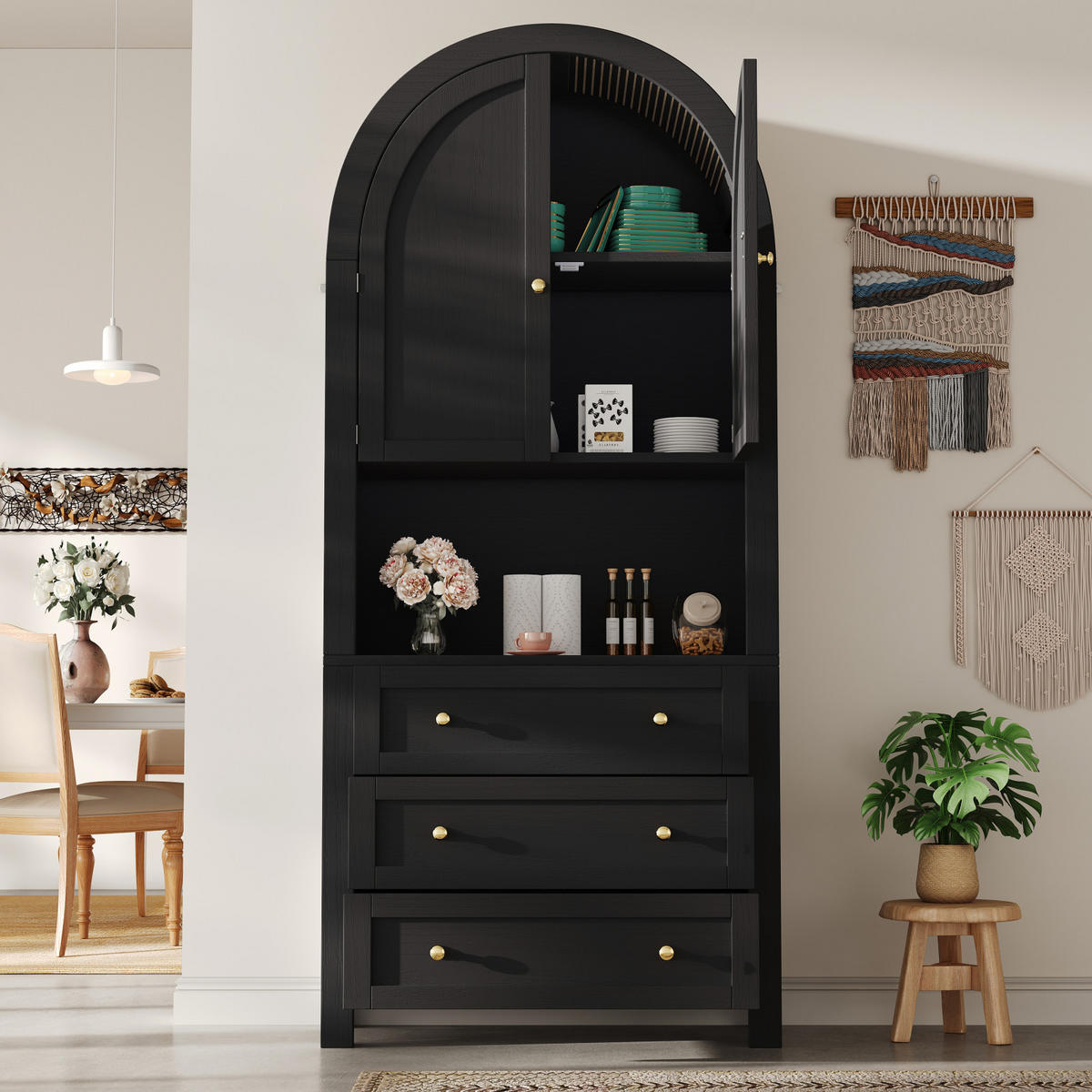 SIDEBOARD Schwarz, Türen, Schubladen, offene Bogenregale - Schwarz, Holz (70/180/35cm)