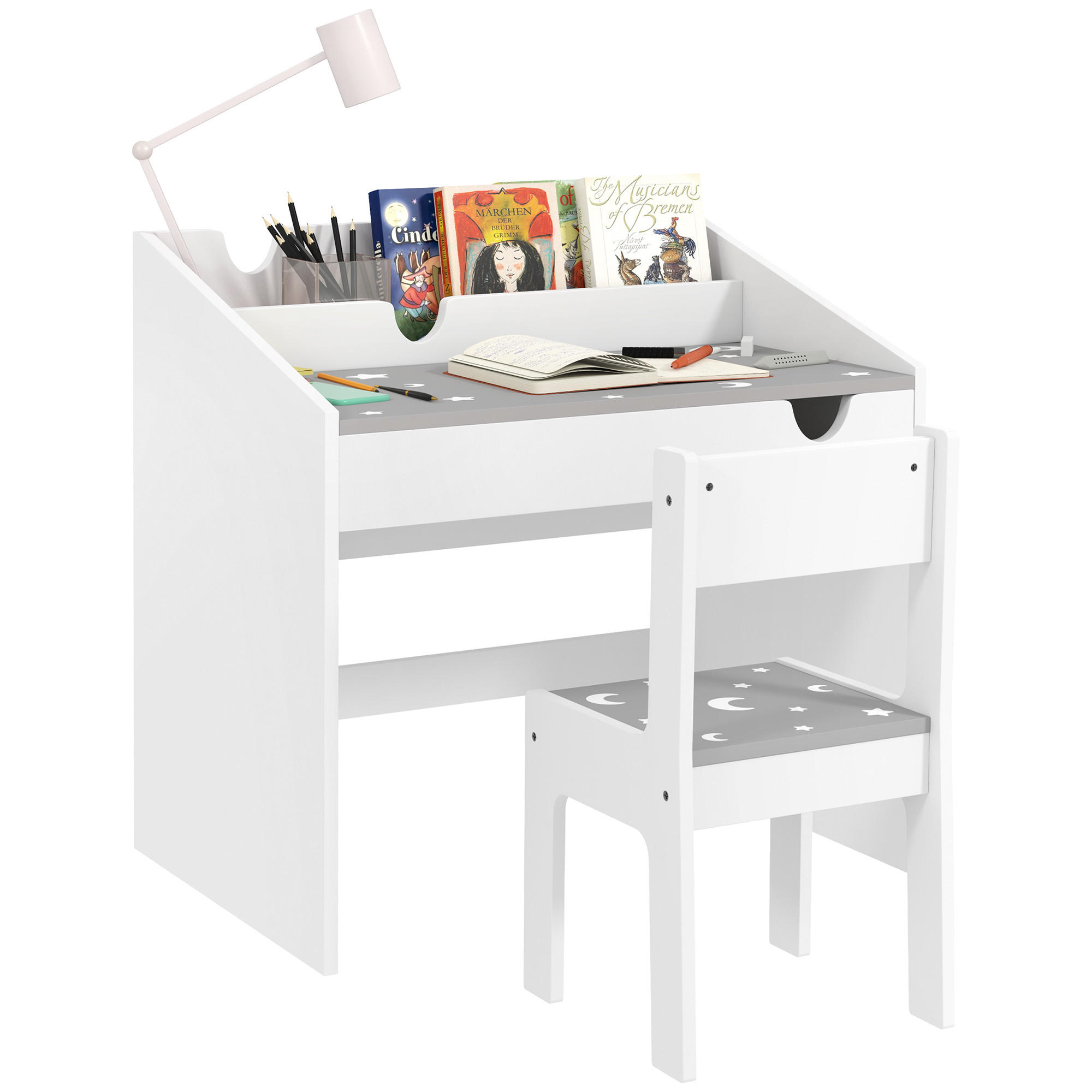 SCHREIBTISCH-SET DE-17524 mit Schublade und Sternenmotiv Grau - Grau, Holzwerkstoff (69/75/50cm) - ComfortXL