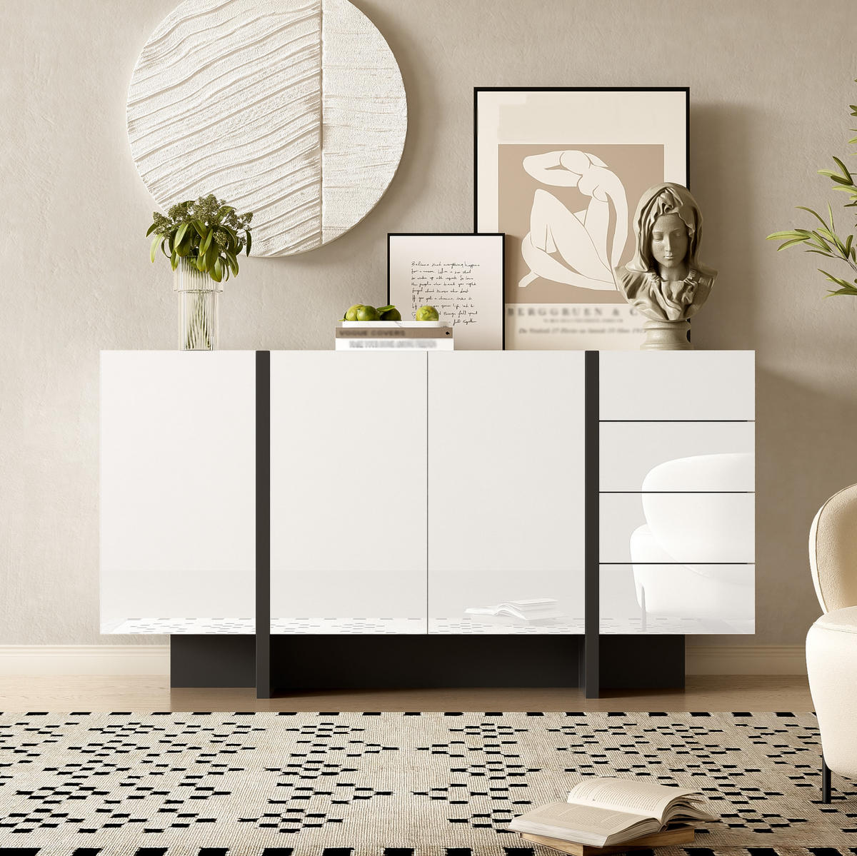 KOMMODE aus MDF & Spanplatte 150x40x80cm in Weiß mit 2 Türen & 4 Schubladen - Weiß, Holzwerkstoff (150/80/40cm) - Modfu