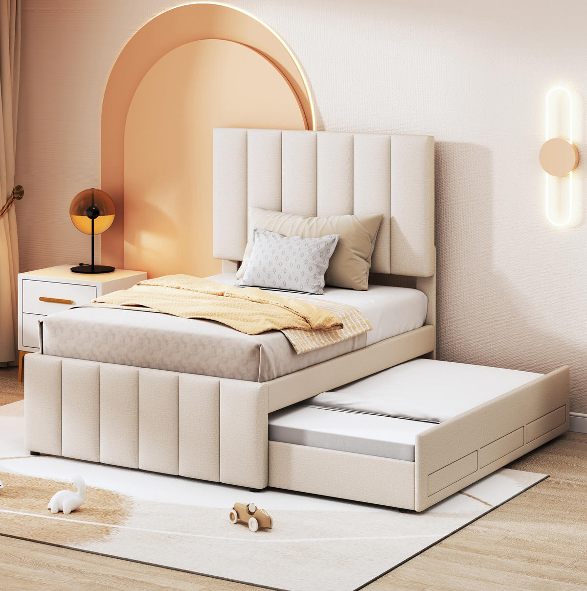 POLSTERBETT 90/200 cm aus Leinen-Mix mit Rollbett und 3 Schubladen Beige - Beige, Textil (90/200cm) - Modenvie